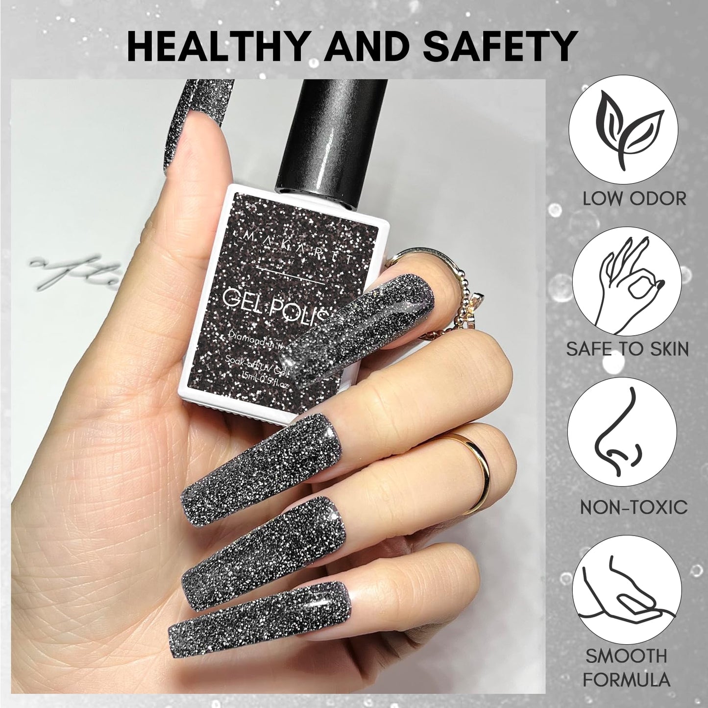 Makartt Reflective Gel Nail Polish DIAMOND IN THE ROUGH Glitter Sparkling Disco Soak Off Diamond Gel Nail Art Christmas Gift DIY Manicure Salon at Home Glamour Shine Black 15ML