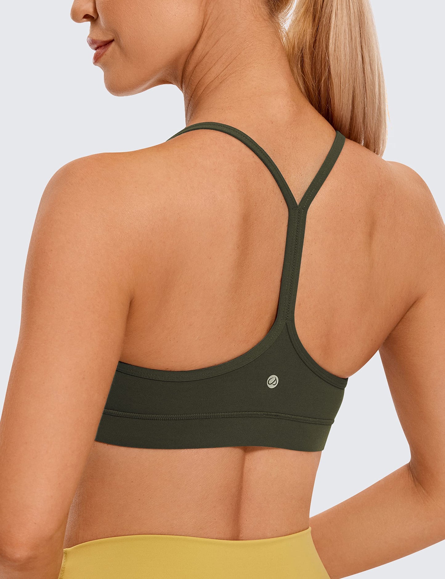 CRZ YOGA Butterluxe Womens Y Back Sports Bra - Padded Racerback Low Impact Spaghetti Thin Strap Workout Yoga Bra Olive Green X-Small