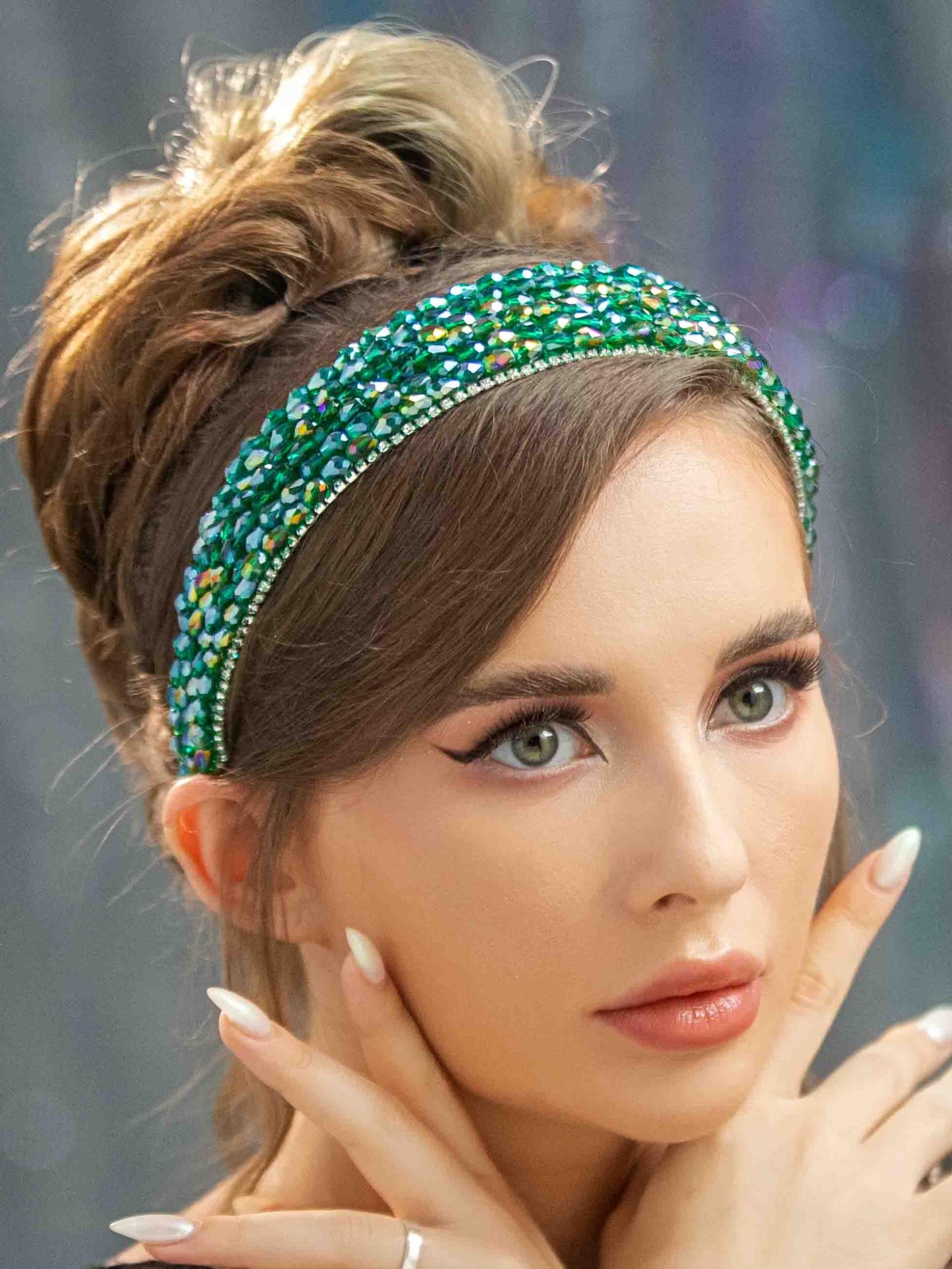 Hermoli Rhinestone Fashion Headband Beads Padded Wide Hairband Green Beaded Glitter Shine for Women Girls (Bead 2)