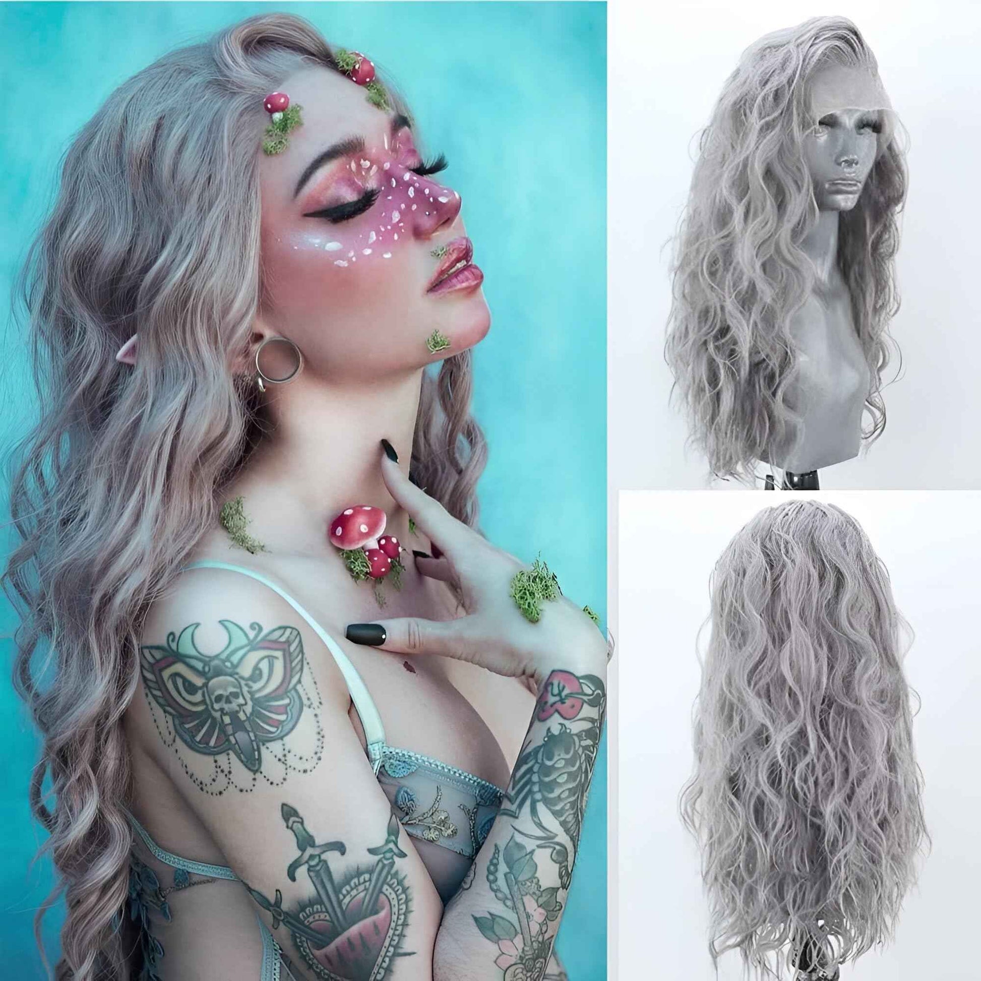 Silver Grey Long Curly Synthetic Lace Front Wigs for Women Free Part Pre Plucked Natural Hairline Lace Front Synthetic Cosplay Wigs Glueless Daily Wear Costume Wig 24 Inches