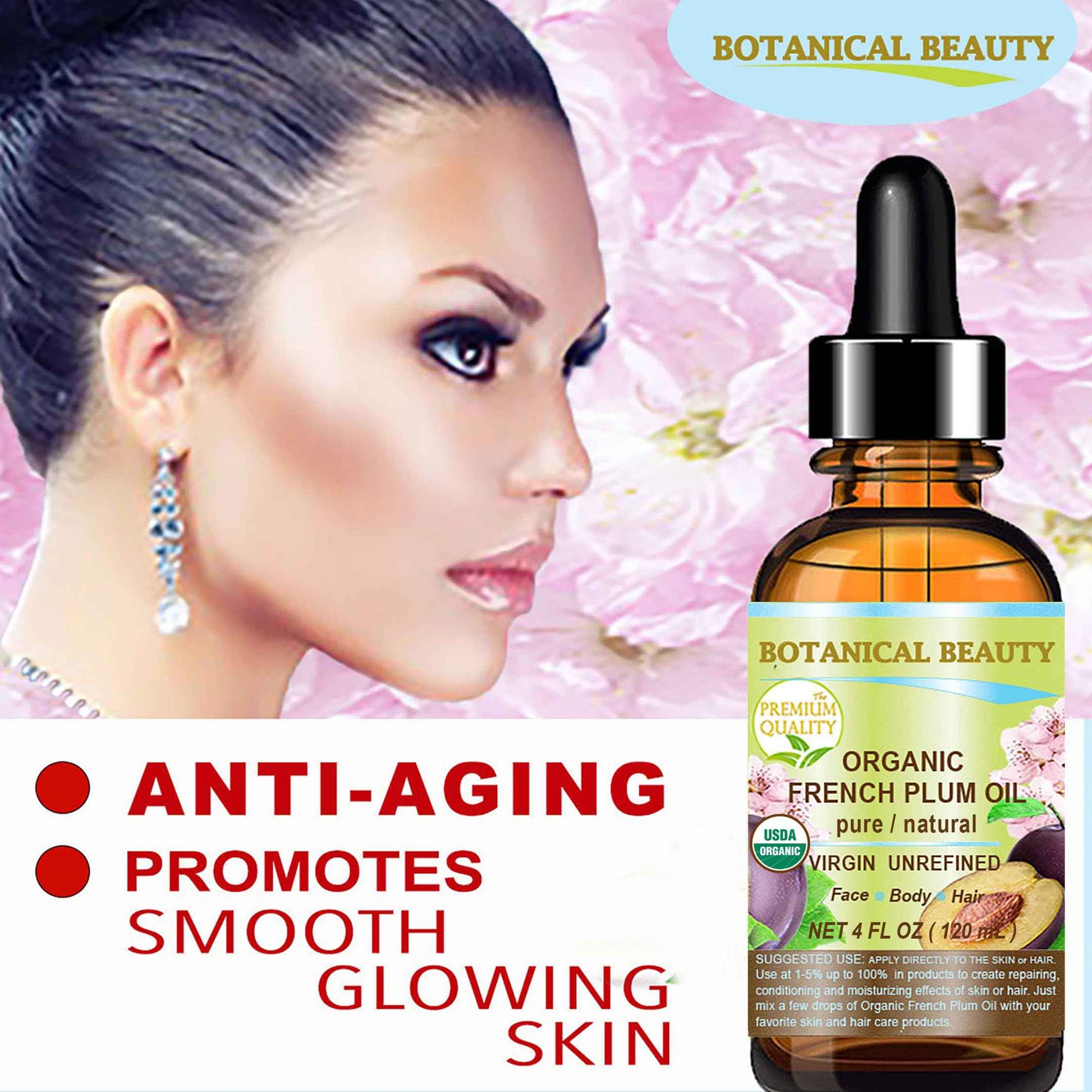 Botanical Beauty Organic French PLUM OIL 100% Pure Natural VIRGIN UNREFINED Cold-Pressed Carrier Oil for Face, Skin, Body, Hair, Lip, Nails. Rich in Vitamin E, Omega 6, Omega 9 (1 Fl Oz)