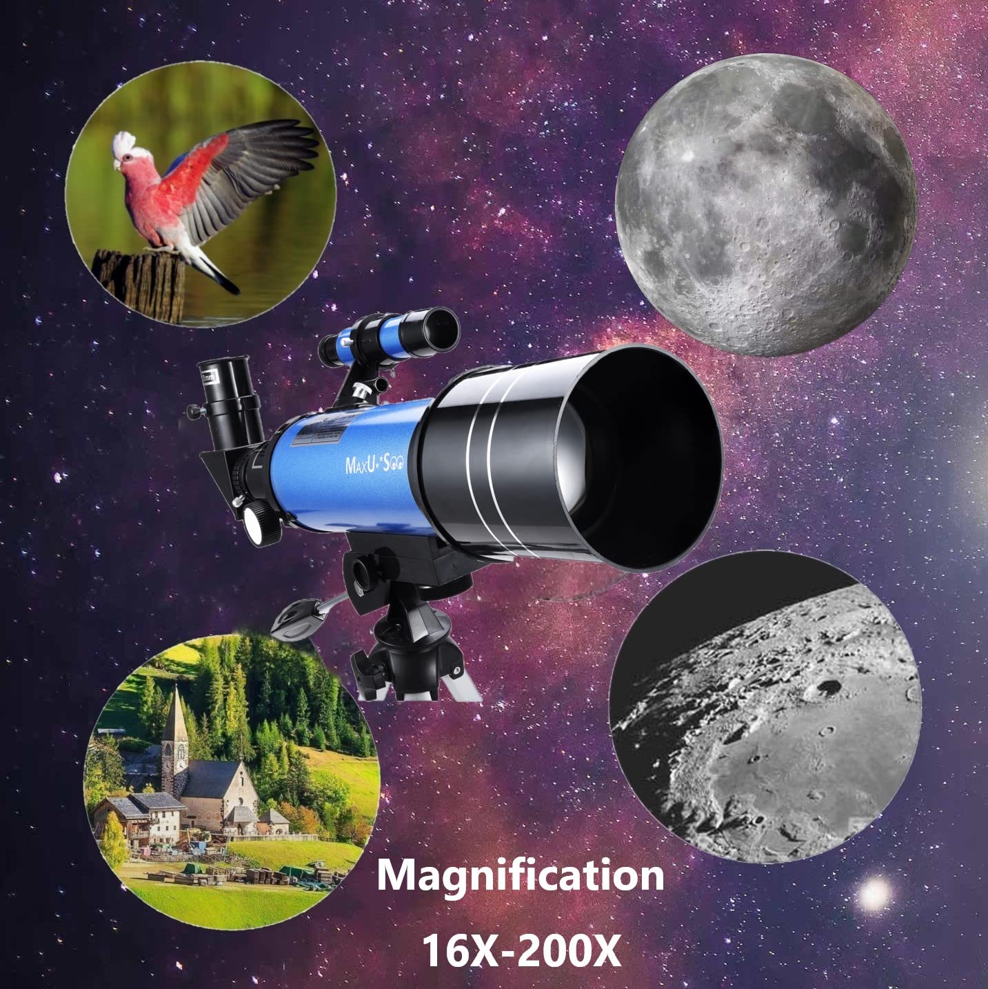 MaxUSee 70mm Telescope for Kids & Astronomy Beginners, Refractor Telescope with Tripod & Finder Scope, Portable Telescope with 4 Magnification eyepieces & Phone Adapter Blue