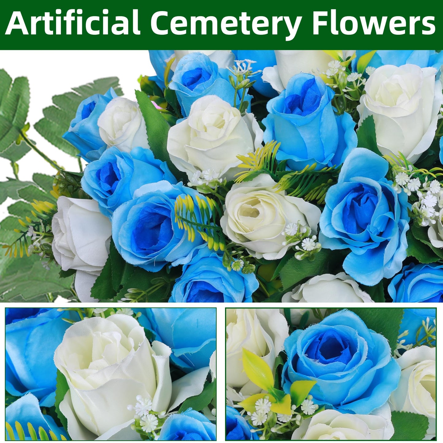 Lodou Artificial Cemetery Flower Saddles, Rose Headstone Flower Saddle Outdoor Grave Decorations,Cemetery Memorial Flowers with Vase for Grave Tombstone Decorations (Blue with White, Saddle)