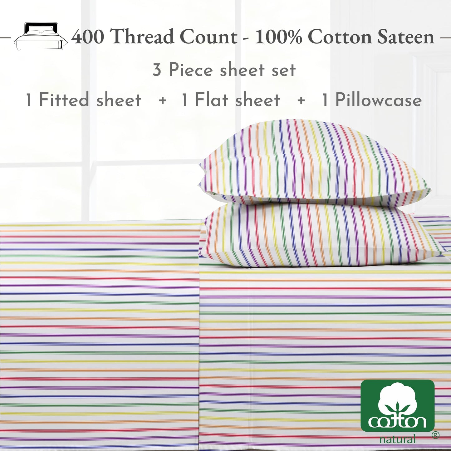 California Design Den Rainbow Stripe Twin Sheets Set, 100% Cotton Sheets, Luxury 400 Thread Count Sateen (Rainbow Striped Sheets)