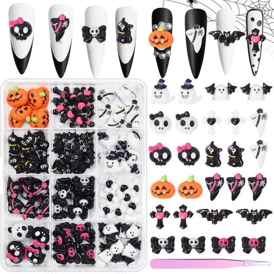 Halloween Resin Charms, 3D Vintage Punk Spider Skull Pumpkin Ghost Bat Nail Art Charms, Halloween Gothic Mini Figurines Charm for Nail Art Supplies DIY Crafts Accessories