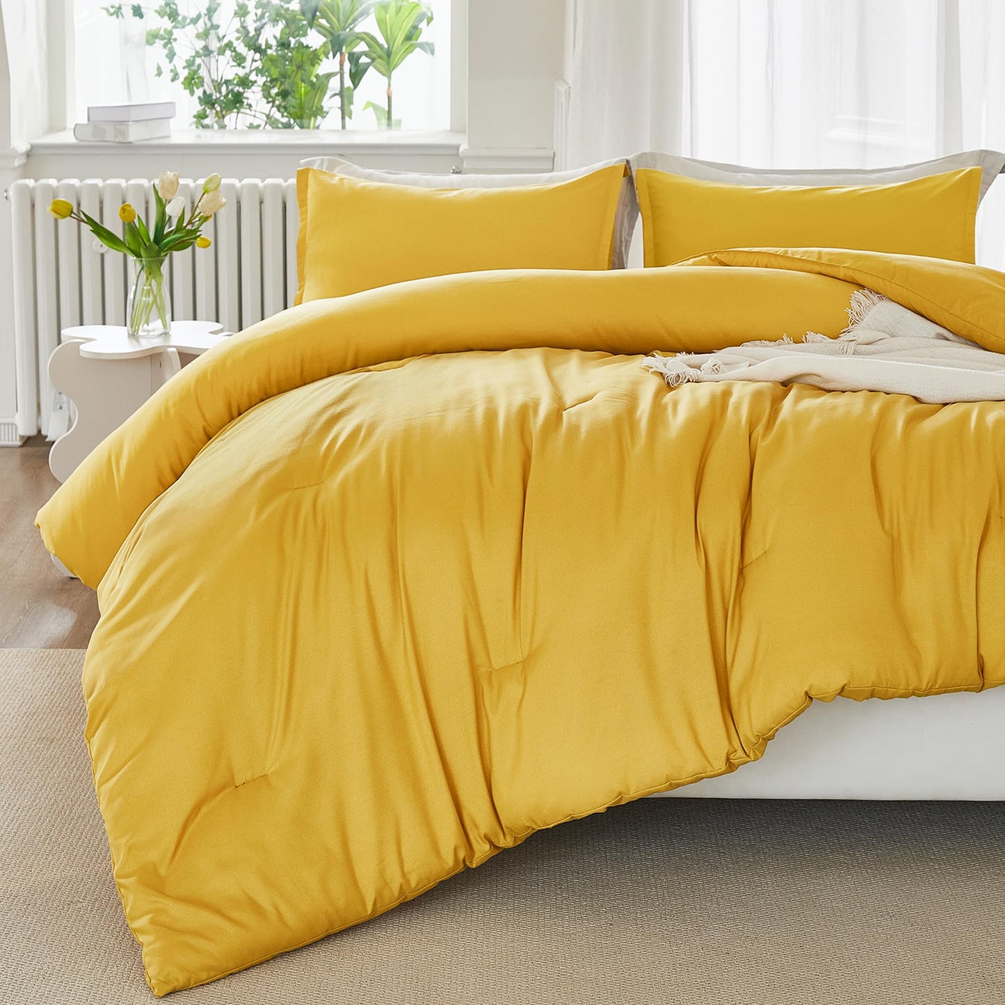 Litanika Mustard Yellow Comforter Set Twin/Twin XL Size, 2 Pieces Lightweight Solid Bedding Comforter Set, All Season Fluffy Bed Set (66x90In Comforter & 1 Pillowcase)