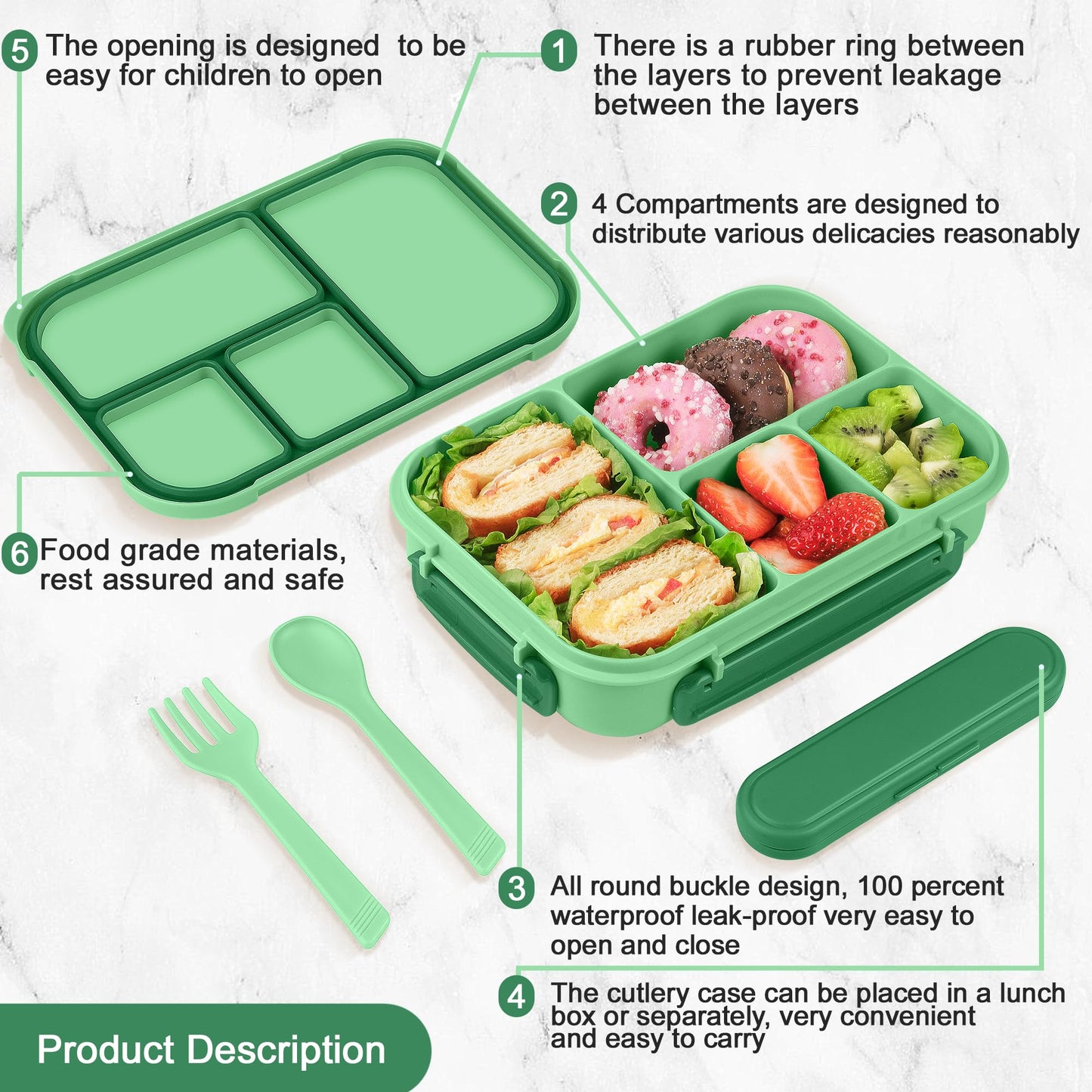 Amathley Lunch Box Kids,Bento Box Adult,Leakproof Lunch Containers for Adults/Kids/Toddler,1200ML-4 Compartments bento Lunch box with Utensil,Microwave & Dishwasher & Freezer Safe (Cyan)