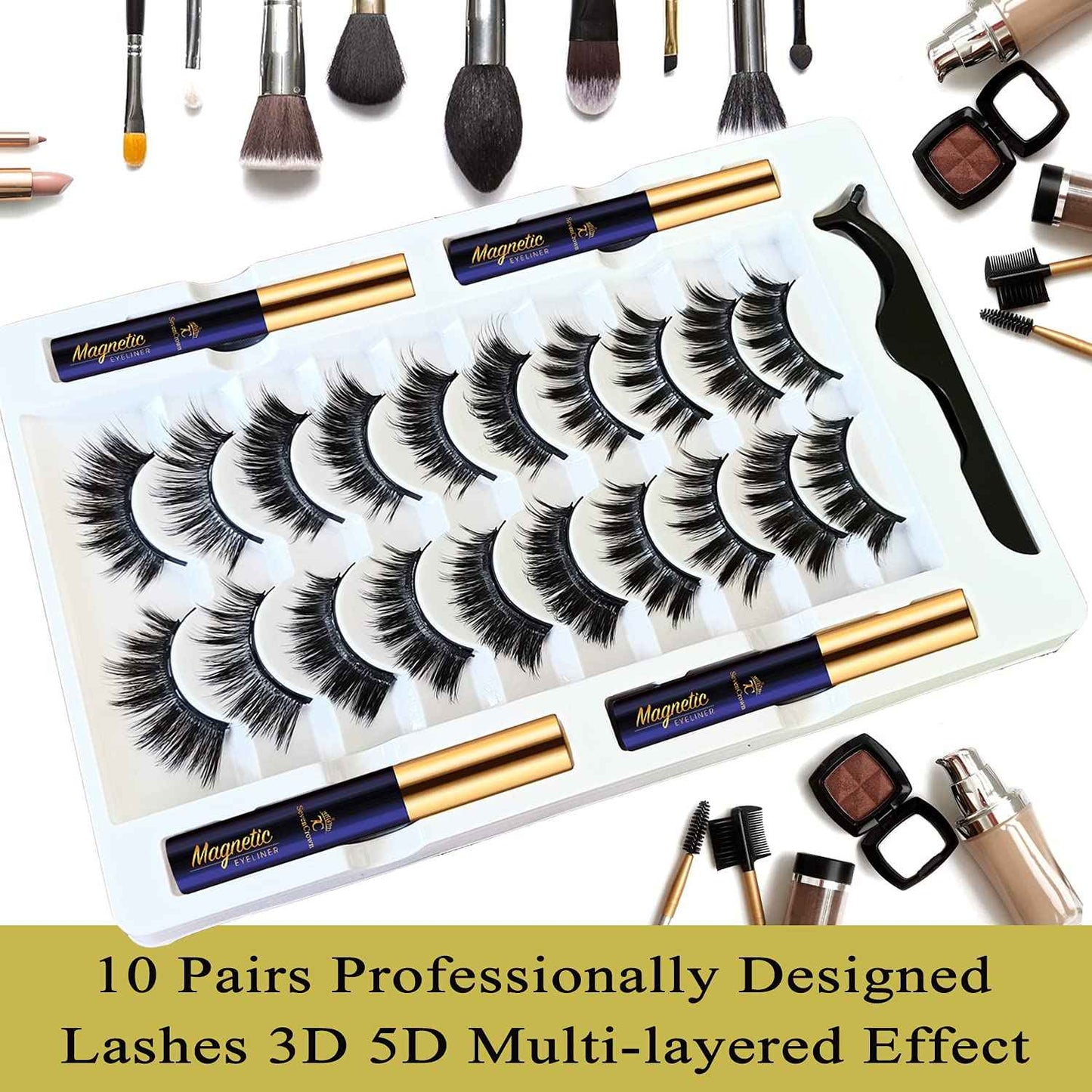 SevenCrown Magnetic Lashes with Eyeliner Kit - 10 Pairs 3D Medium Cat Eye Lashes - Upgraded Magnetic Liner Long Lasting,Natural Look - Reusable Magnetic Eyelashes Kit with Applicator, Easy to Apply