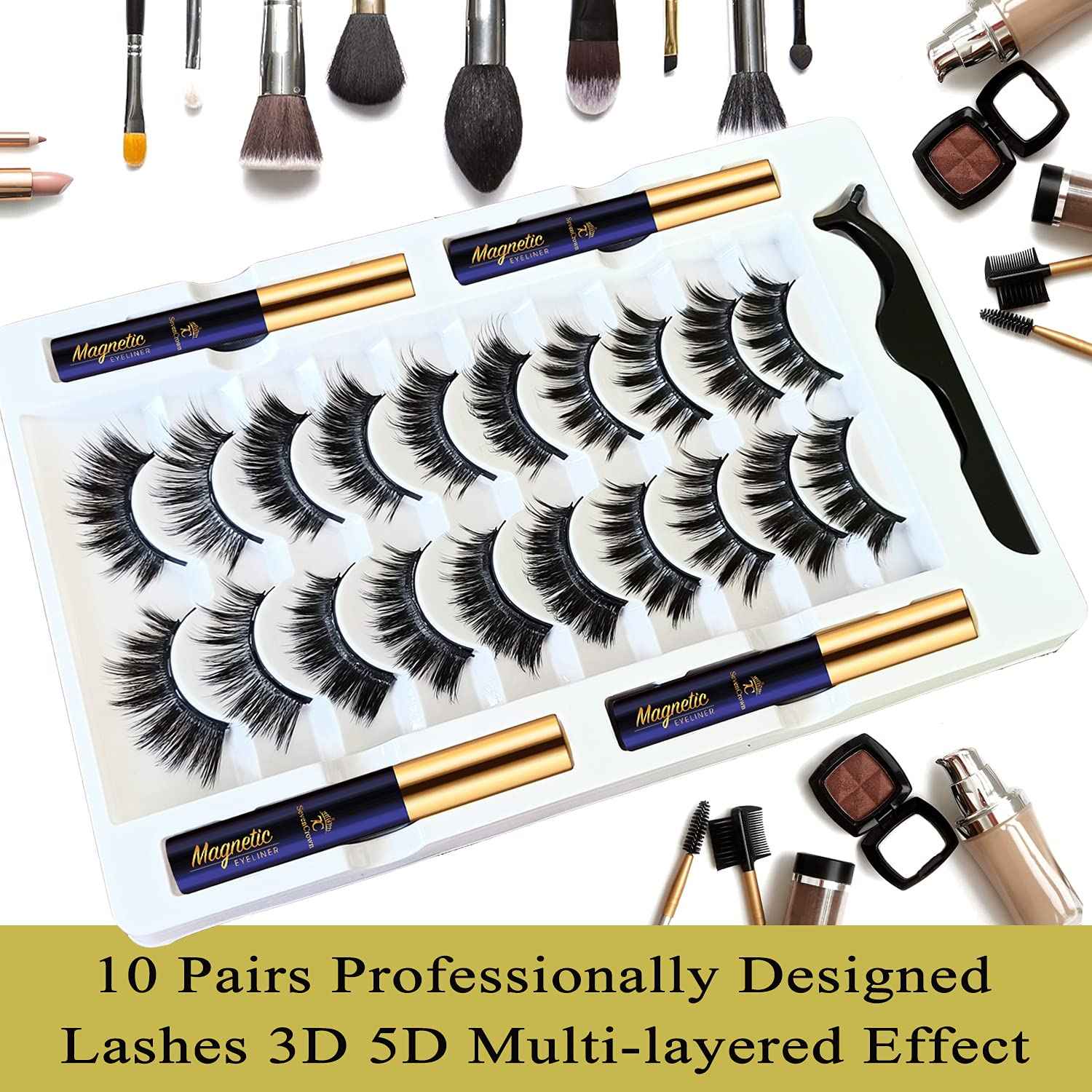 SevenCrown Magnetic Lashes with Eyeliner Kit - 10 Pairs 3D Medium Cat Eye Lashes - Upgraded Magnetic Liner Long Lasting,Natural Look - Reusable Magnetic Eyelashes Kit with Applicator, Easy to Apply