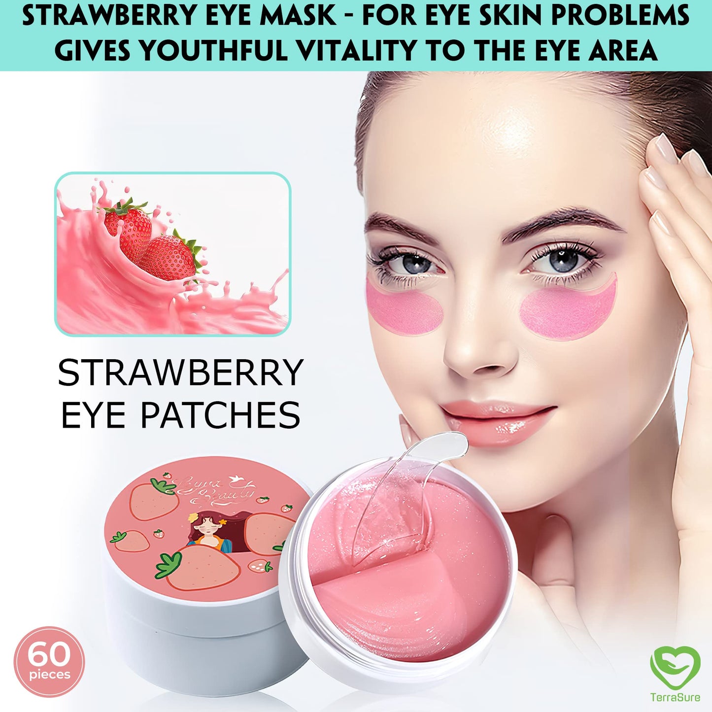 Under Eye Masks, Collagen Eye Mask, Strawberry Eye Patches for Puffy Eyes 60 pcs, Under Eye Patches for Dark Circles and Puffiness, Hydrating Eye Mask Skincare, Eye Gel Pads for Eye Bags and Wrinkles Under Eye Treatment