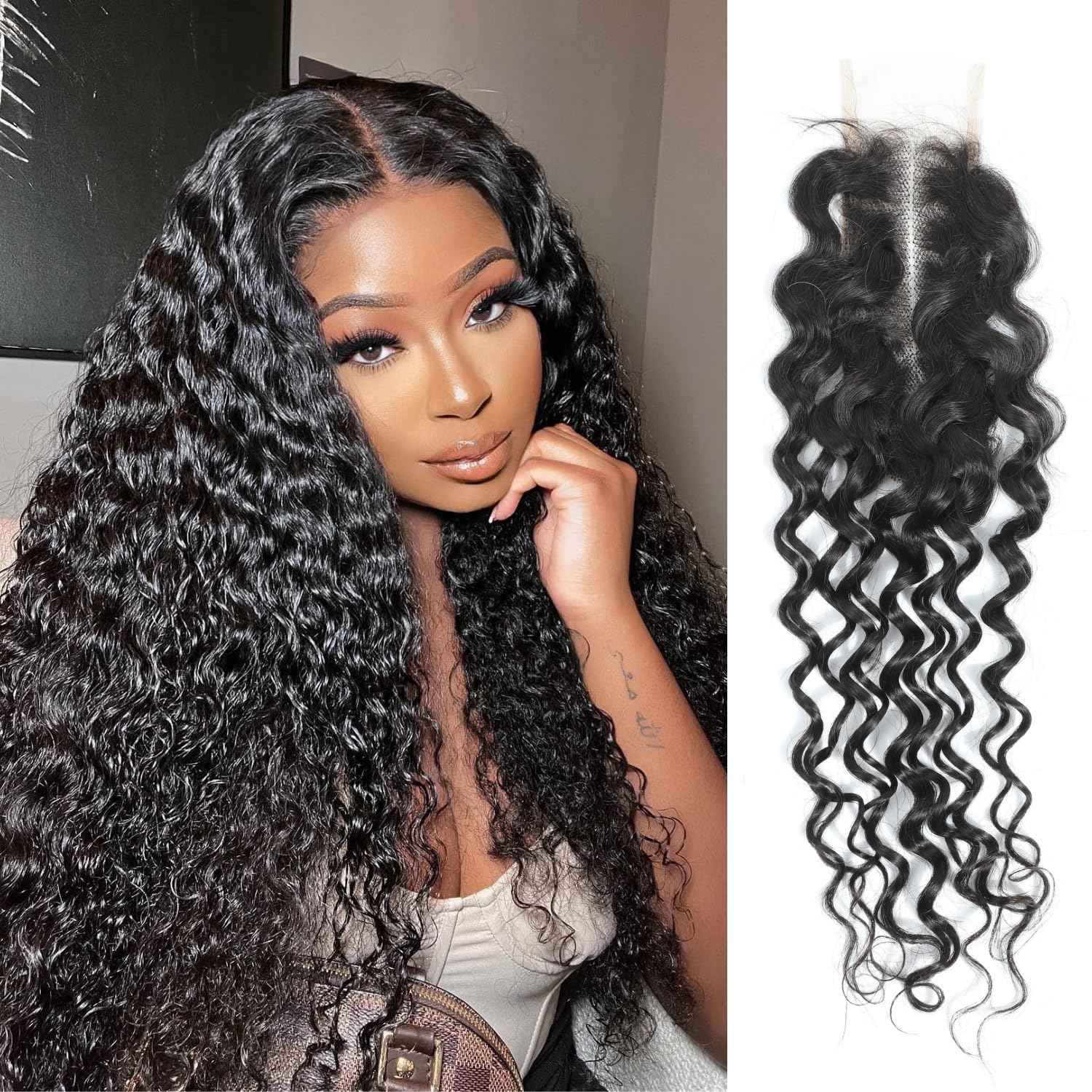 MOMOSHERO 2x6 Water Wave Lace Closure 100% Unprocessed Human Hair, 12A Remy Natural Black Color Pre-Plucked Hairline Wet and Wavy Curly Closure Deep Middle Part With Baby Hair for Women 16 inch