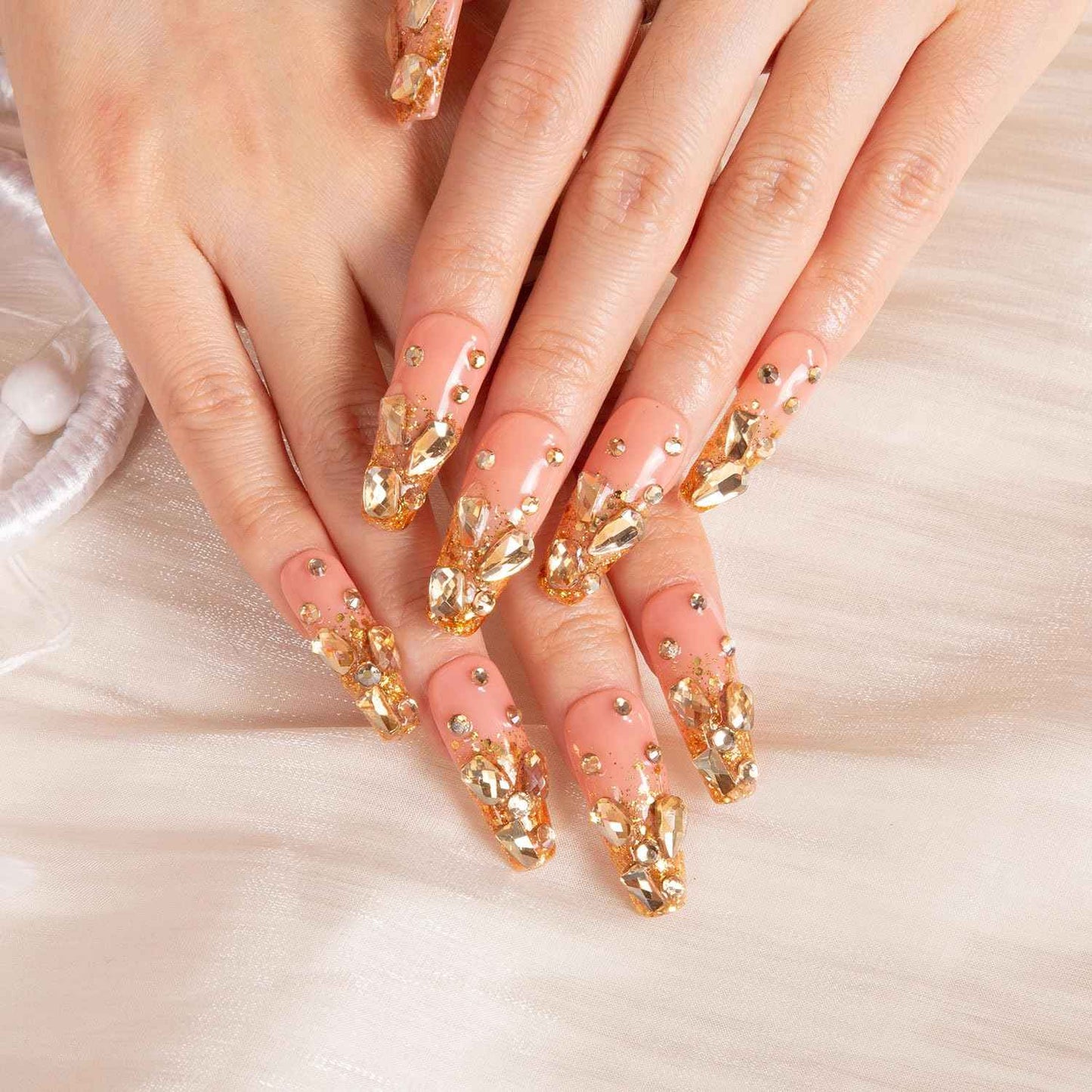 LOVFUL Press on Nails Stardust Gold Rhinestone | Handmade with Full Covered Crystals | Reusable Full Cover Nails | Coffin Classic Regular 1.3 in | H84-L