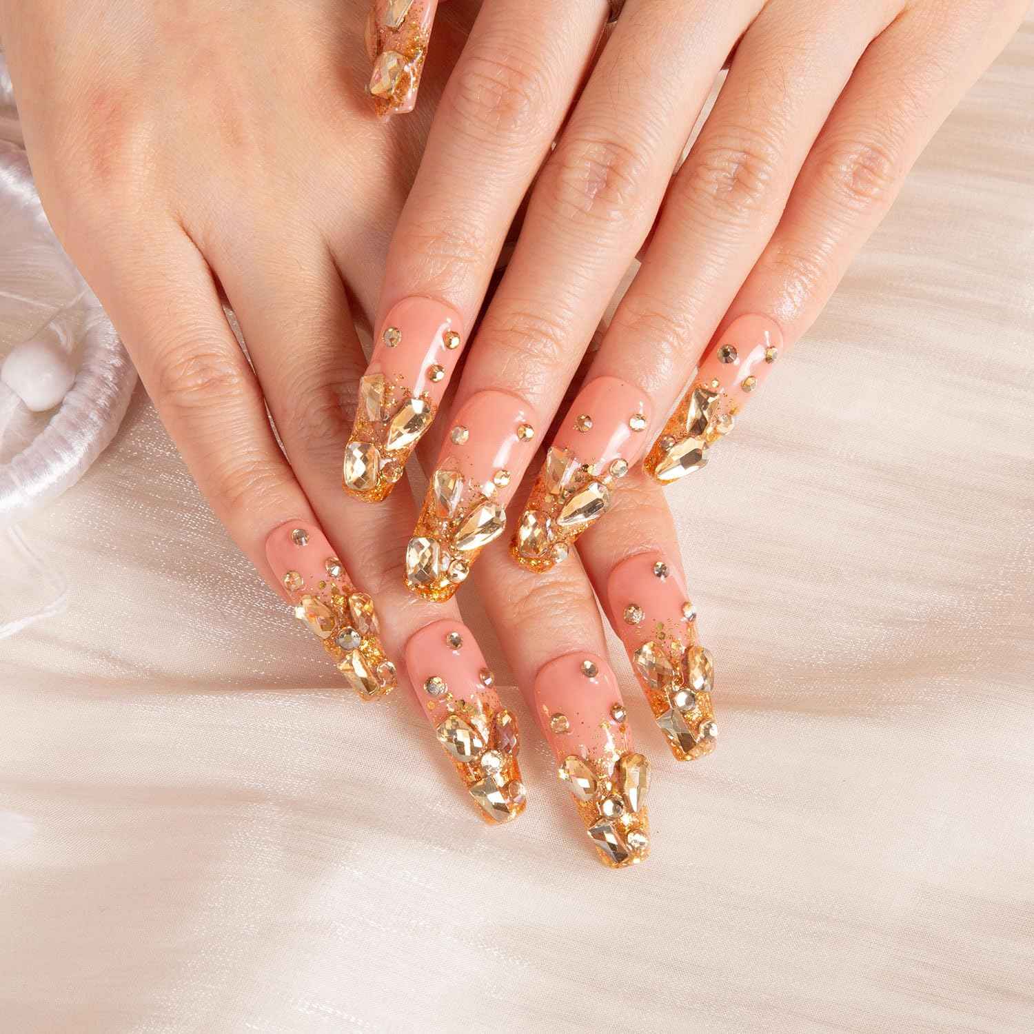 LOVFUL Press on Nails Stardust Gold Rhinestone | Handmade with Full Covered Crystals | Reusable Full Cover Nails | Coffin Classic Regular 1.3 in | H84-L