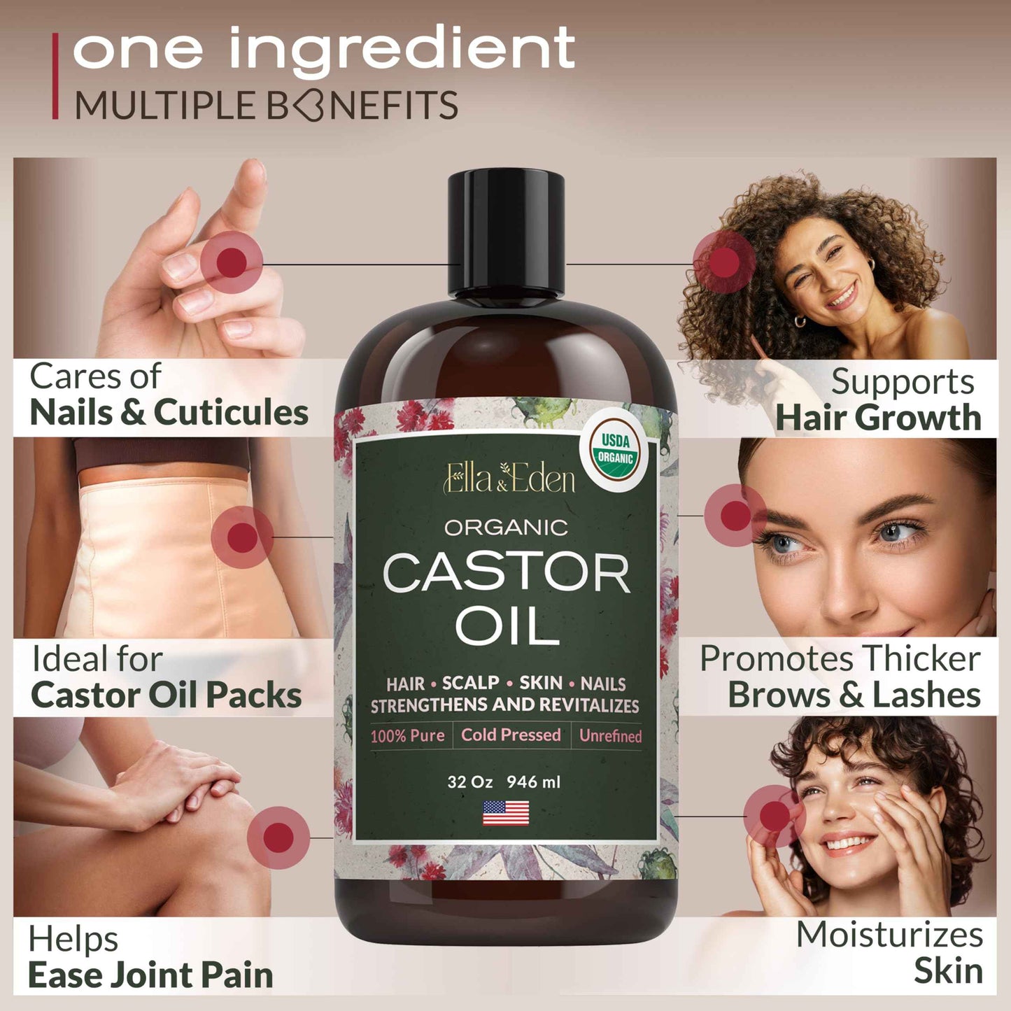 Ella & Eden Organic Castor Oil 16 Oz & Moroccan Argan Oil 4 Oz | Glass Bottle | Hair, Skin, Face, Nails | Cold-Pressed, Unrefined, Hexane-Free, USDA Certified, 100% Pure