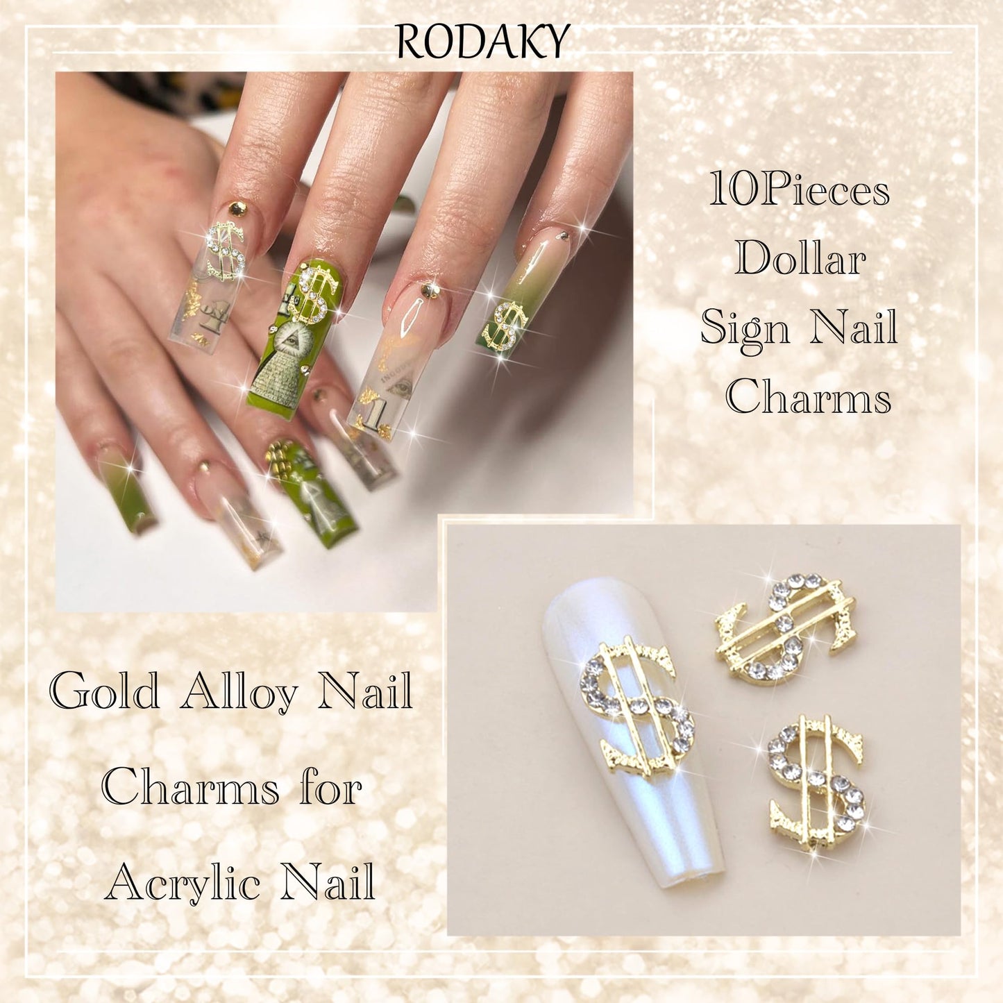 RODAKY 10PCS Gold Dollars Nail Charms 3D Alloy Money Sign Charms Shiny Nail Jewelry Luxury Nail Gems Rhinestone for Acrylic Nails Manicure DIY Decoration Accessories for Women and Girls