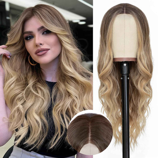 NAYOO Long Ombre Blonde Wavy Wig for Women 26 Inch Middle Part Lace Hairline Curly Wavy Wig Natural Looking Synthetic Heat Resistant Fiber for Daily Party Use