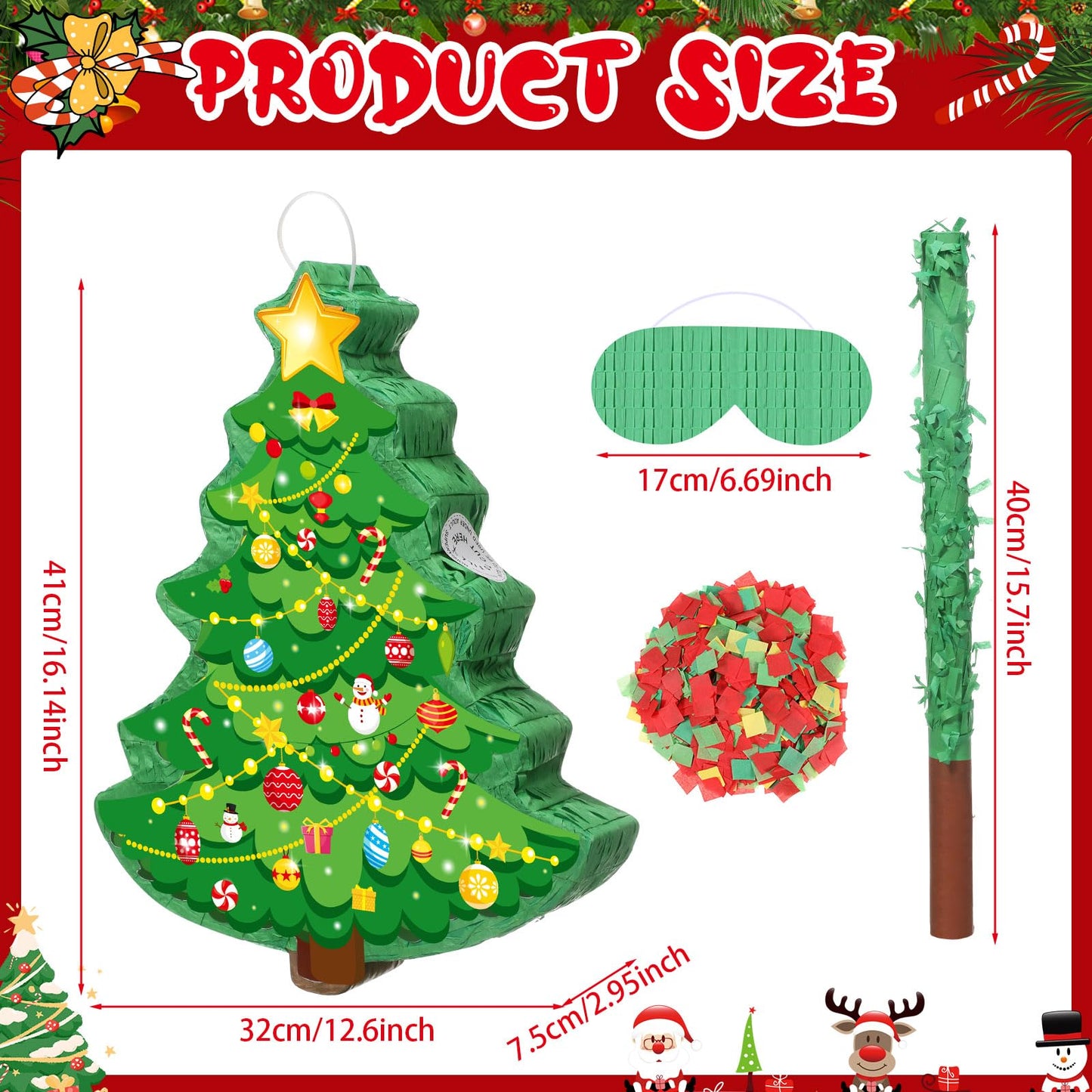 Harrycle Christmas Tree Pinata 16 Inch Christmas Mexican Pinata with Stick Blindfold and Confetti Pack Christmas Pinata Bundle for Xmas Birthday Holiday Pinata Game Favors Photo Prop Decoration