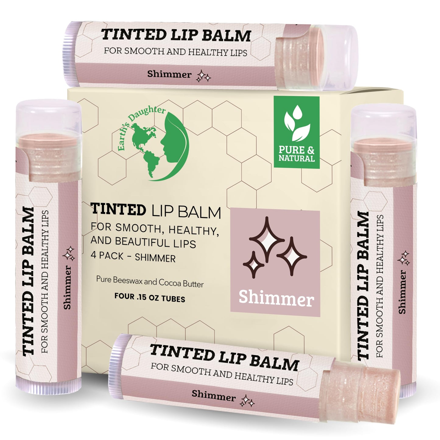 Tinted Lip Balm by Earth’s Daughter – 4 Pack of Shimmer Tint – Beeswax, Coconut Oil, Cocoa Butter, Vitamin E – Moisturize and Beautify – Paraben Free