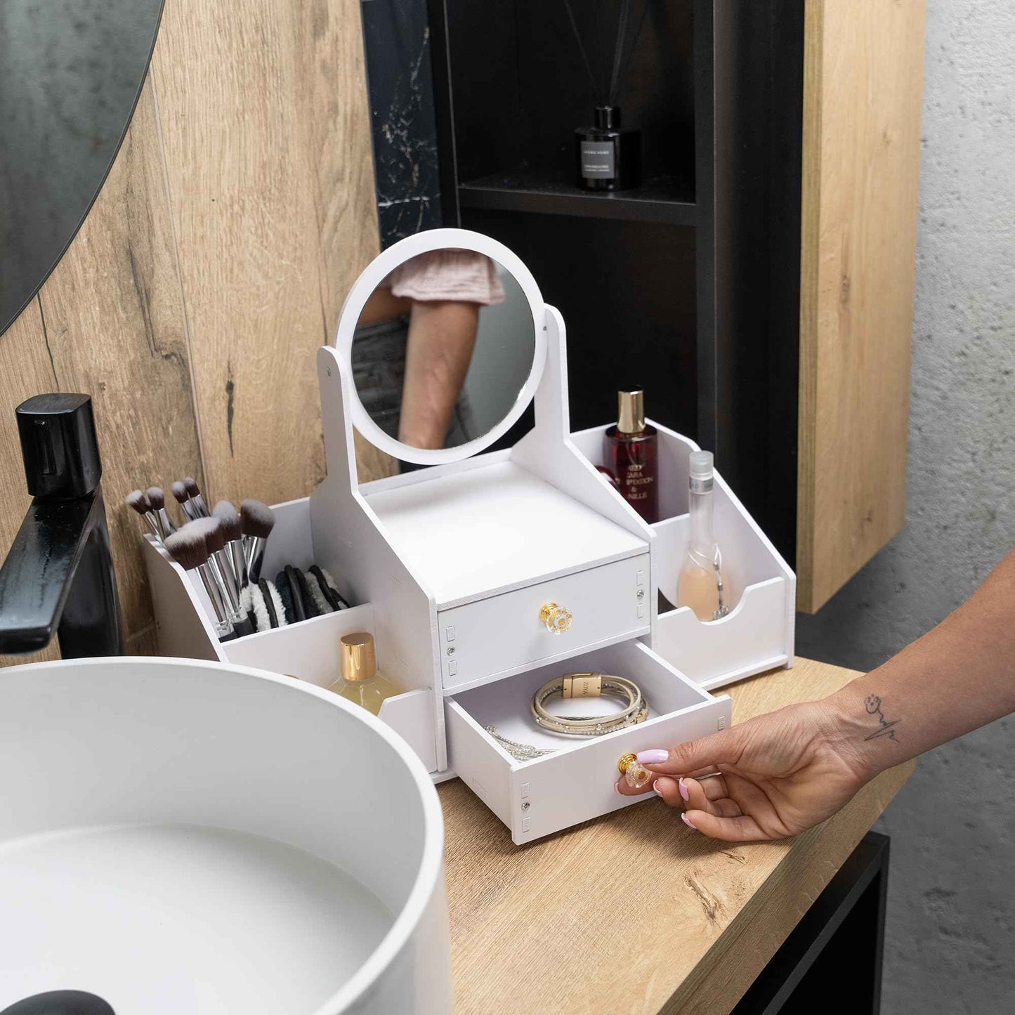 Domovina Wooden Makeup Organizer – Countertop Makeup Organizers with Mirror, Drawers – Cosmetic Organizer for Brushes, Skincare – Elegant Make Up Storage Holder for Vanity, Bathroom, Dresser