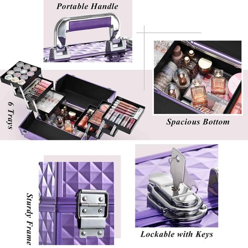 Frenessa Makeup Train Case 12 Inch Portable Cosmetic Case - 6 Tier Professional Makeup Storage Box Organiser Box Make Up Carrier with Lockable Keys Travel Case for Women and Girls - Purple