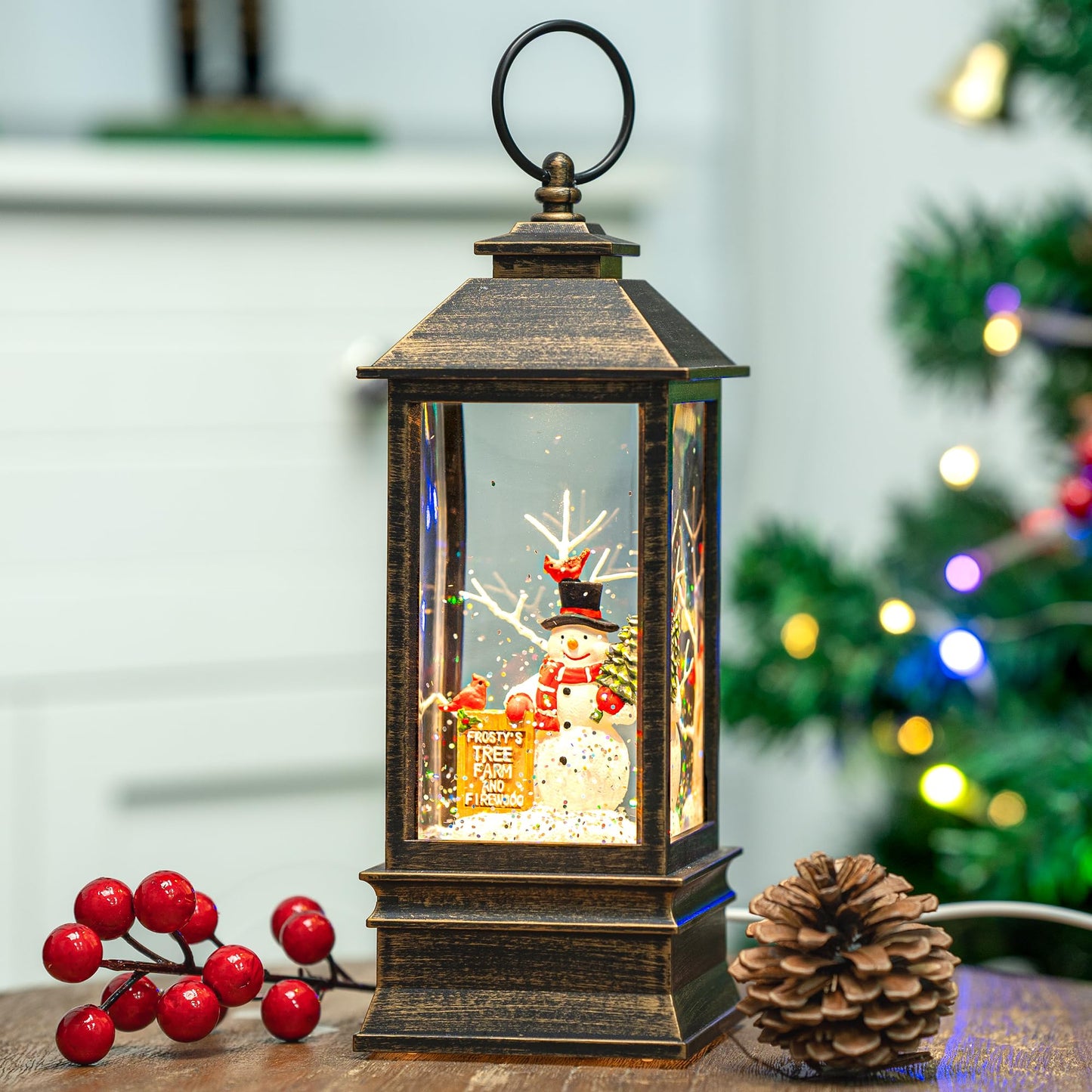 Christmas Snow Globe Lantern Water Glittering Christmas Tree Crown with Music, USB Lined/Battery Operated Lighted Lantern for Christmas Festival Decoration Gifts