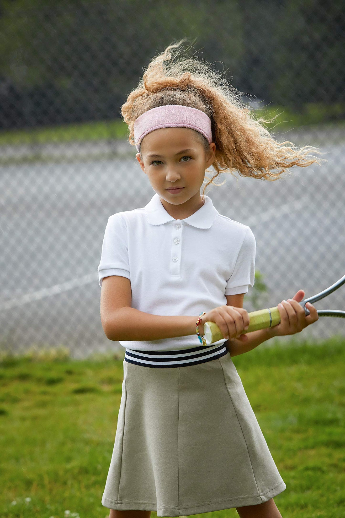 French Toast Little Girls' Toddler Short Sleeve Interlock Polo with Picot Collar, White, 2T