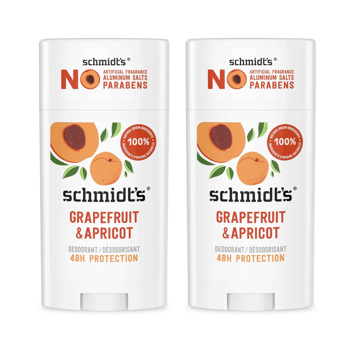 Schmidt's Aluminum-Free Vegan Deodorant Grapefruit & Apricot with 24-Hour Odor Protection, 2 Count for Women and Men, Natural Ingredients, Cruelty-Free 2.65 oz