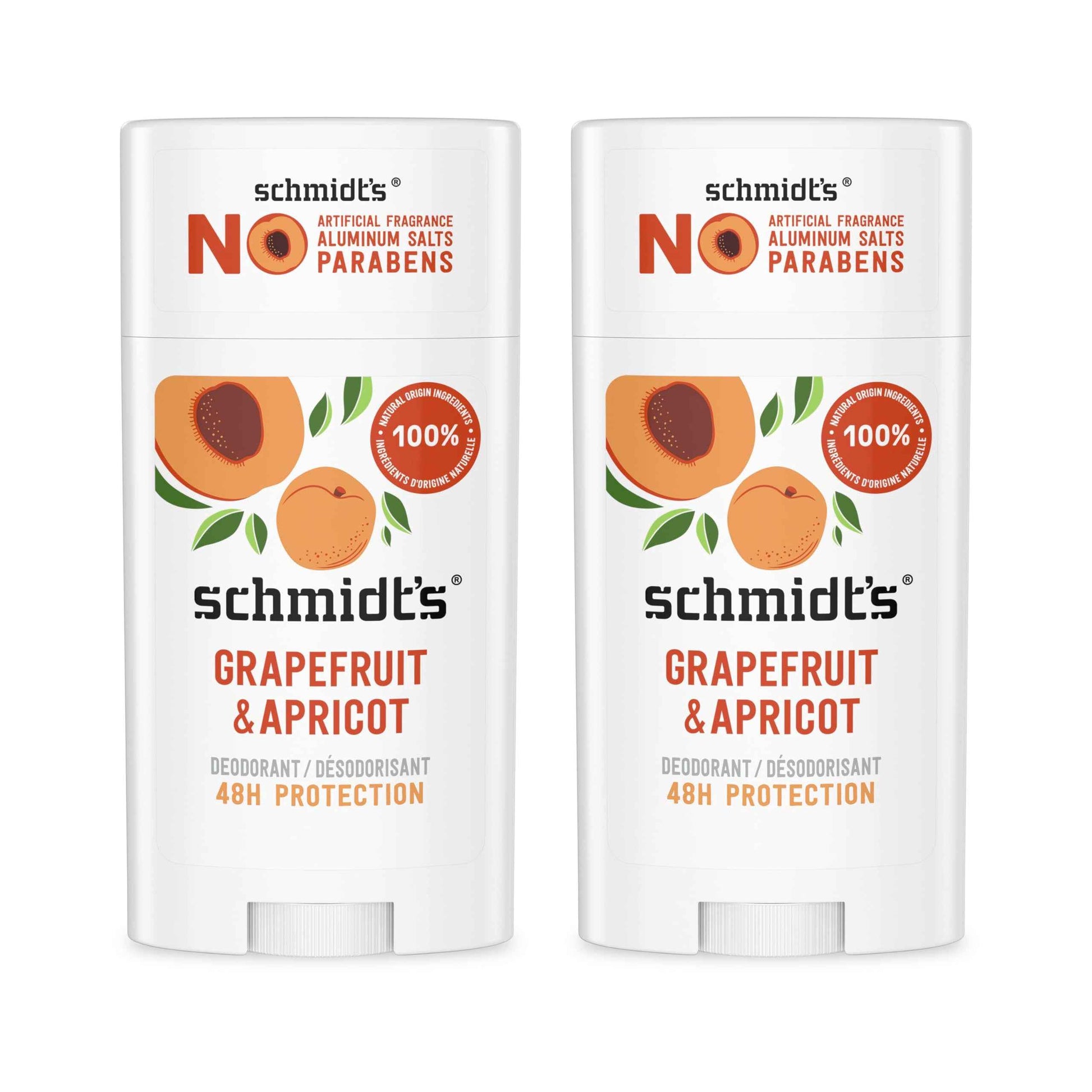 Schmidt's Aluminum-Free Vegan Deodorant Grapefruit & Apricot with 24-Hour Odor Protection, 2 Count for Women and Men, Natural Ingredients, Cruelty-Free 2.65 oz