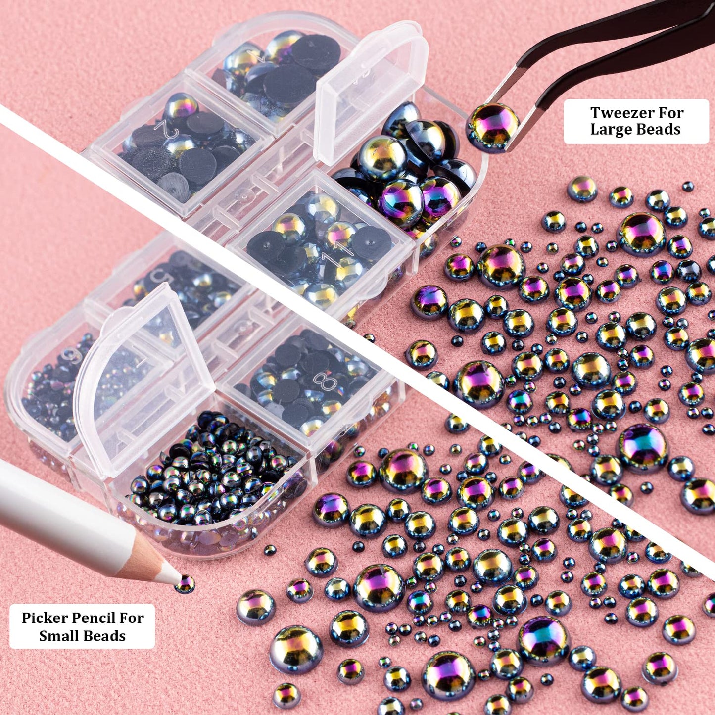 4000 PCS Half Round Pearls and Rhinestones, Flat Back Black AB Half Pearls and Clear Round Crystal Gem Kit with Tweezer and Pickup Pencil for Nail Art and DIY Decoration