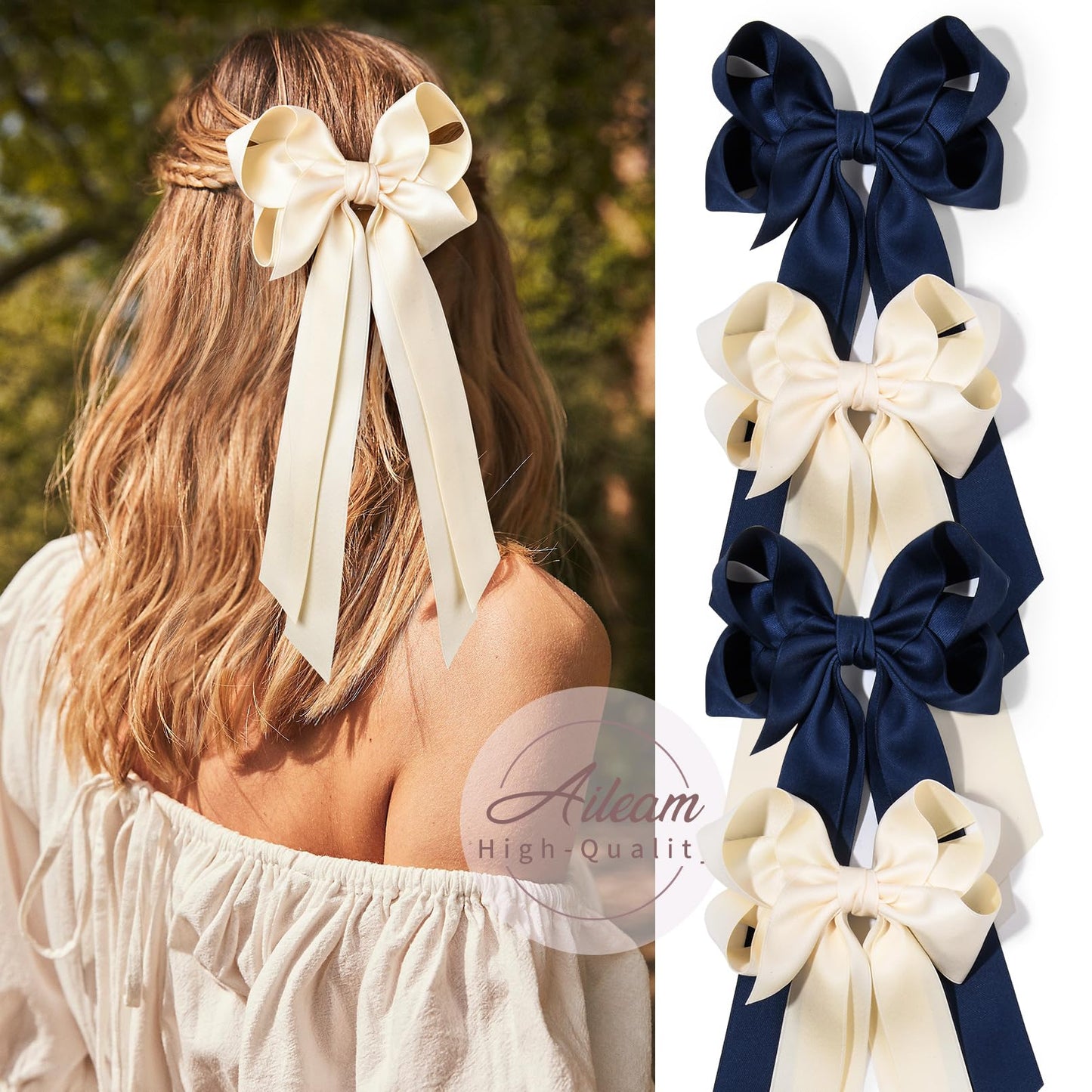 Aileam 4PCS Hair Bow Clips for Women Hair Accessories Beige Blue Silky Satin Ribbon with Metal Clips for Girls Toddlers Teens Kids