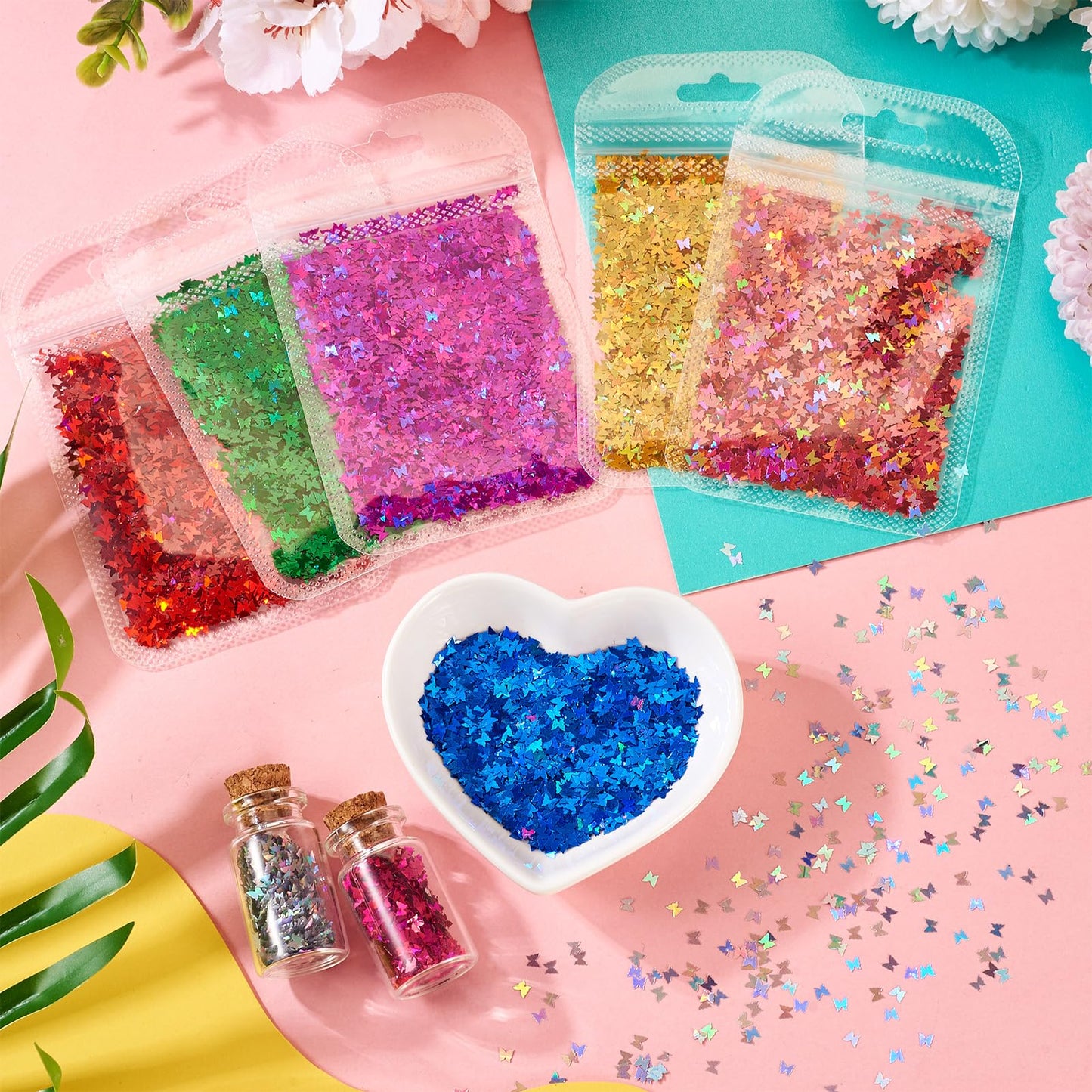 Cheriswelry 8 Bags Butterfly Nail Glitter Iridescent Nail Flakes Designs Nail Glitter Sequins Manicure Sparkle Decorations Chunky Glitter Sequins 3x3mm for Women Girls Crafts Painting Decor