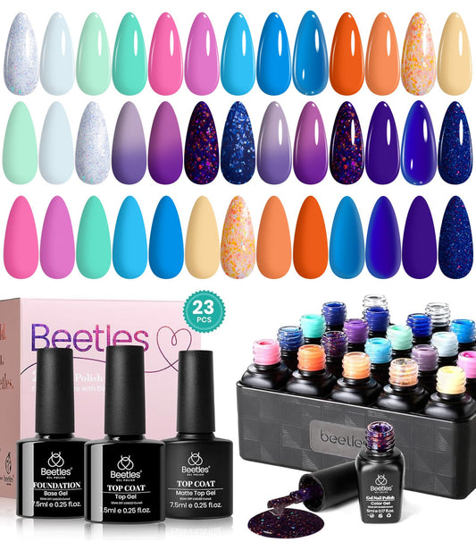 Beetles 23Pcs Gel Nail Polish Set with Base & Top Coat Gel, Summer Gel Polish Green Purple Blue Glitter Orange Red Coastal Twilight Temperature Change Soak off Uv Led DIY Nail Art Home Salon