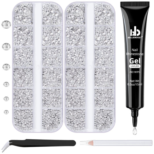 BELLEBOOST Nail Art Rhinestone Glue Gel&2 Boxes Flatback Gems Accessories Kit, 1 Tube of 15ml Rhinestone Gel Glue(UV/LED Needed)+Round Glass Crystal Clear Gemstones with Pickup Tools