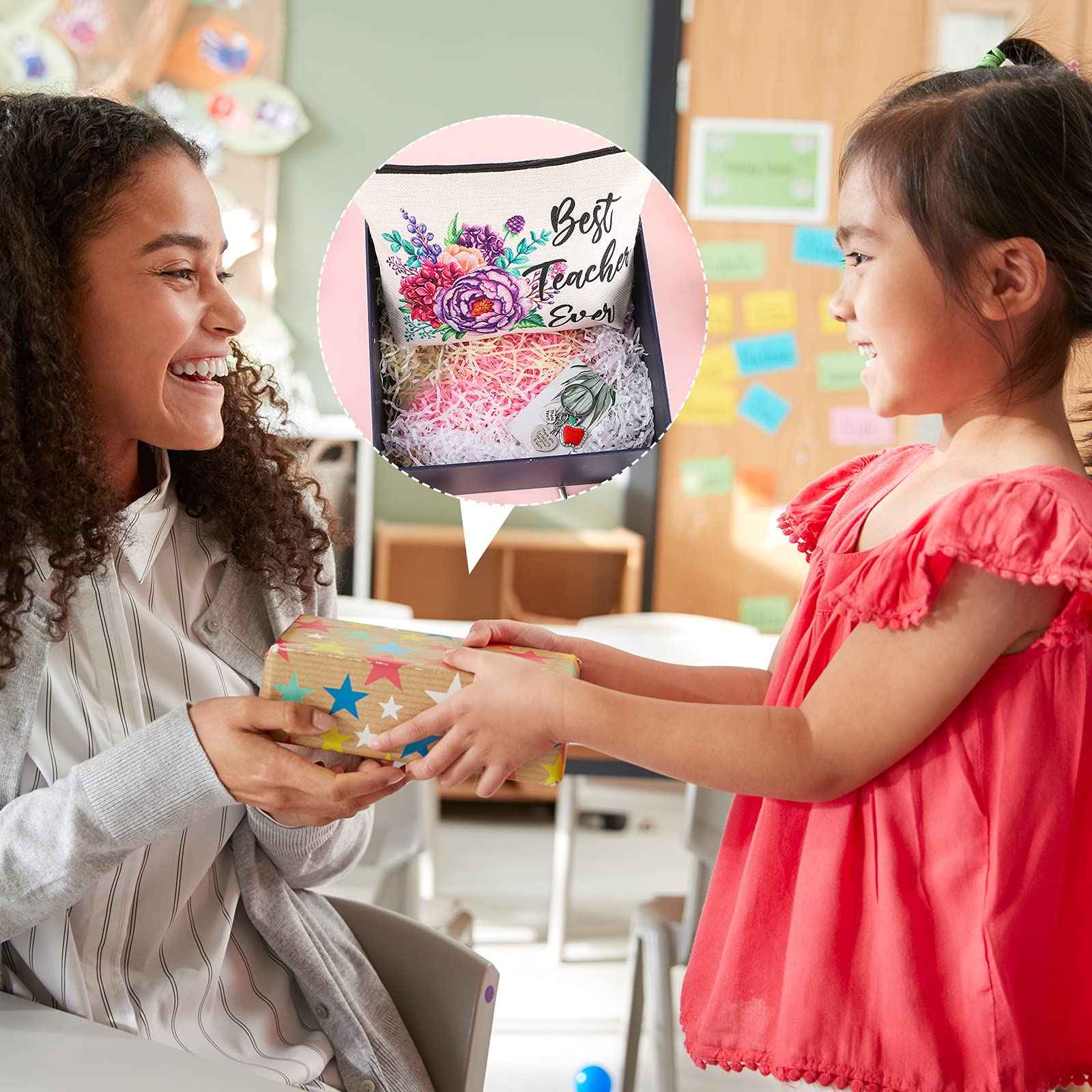 Frienda 6 Pack Christmas Teacher Appreciation Gifts for Women Bulk Xmas Teacher Gifts 3 Pcs Zipper Cosmetic Bags Canvas Makeup Pouch 3 Pcs Thank You Keychains Xmas Birthday Present(Flower Style)