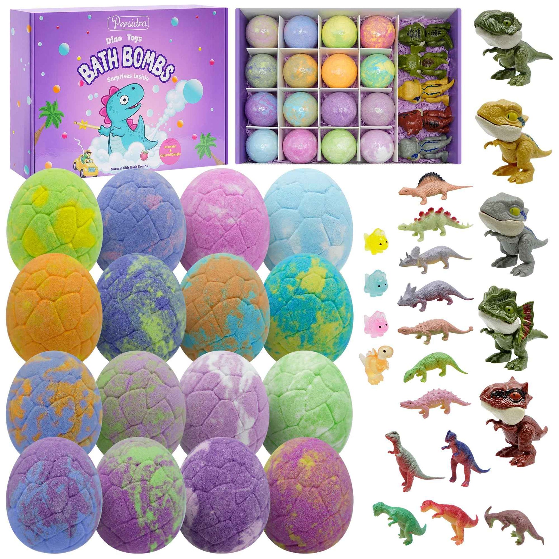 Bath Bombs for Kids with Surprise Inside, 16 Pack Kids Bath Bombs Gift Set for Easter Basket Stuffers, Dino Egg Bath Bomb Kit with 5pcs Dinosaur Bath Toy for Boys Girls Birthday,Christmas