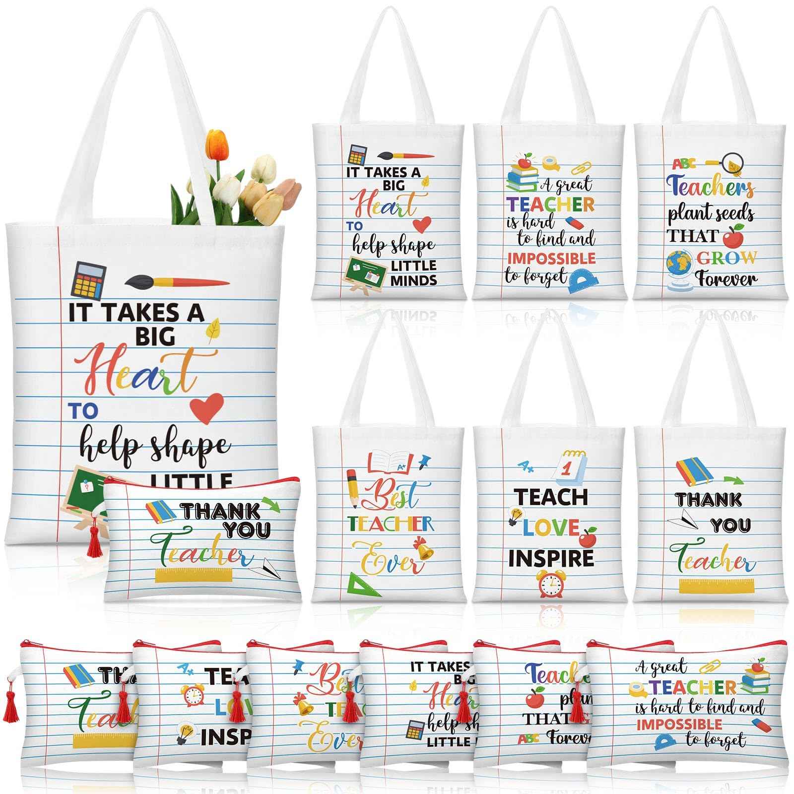 Paterr 12 Pcs Christmas Teacher Appreciation Gift for Women Christmas Gifts Ideas Basket Filler Canvas Teacher Tote Bag with Makeup Bag Notebook Style for Office School Classroom Supplies