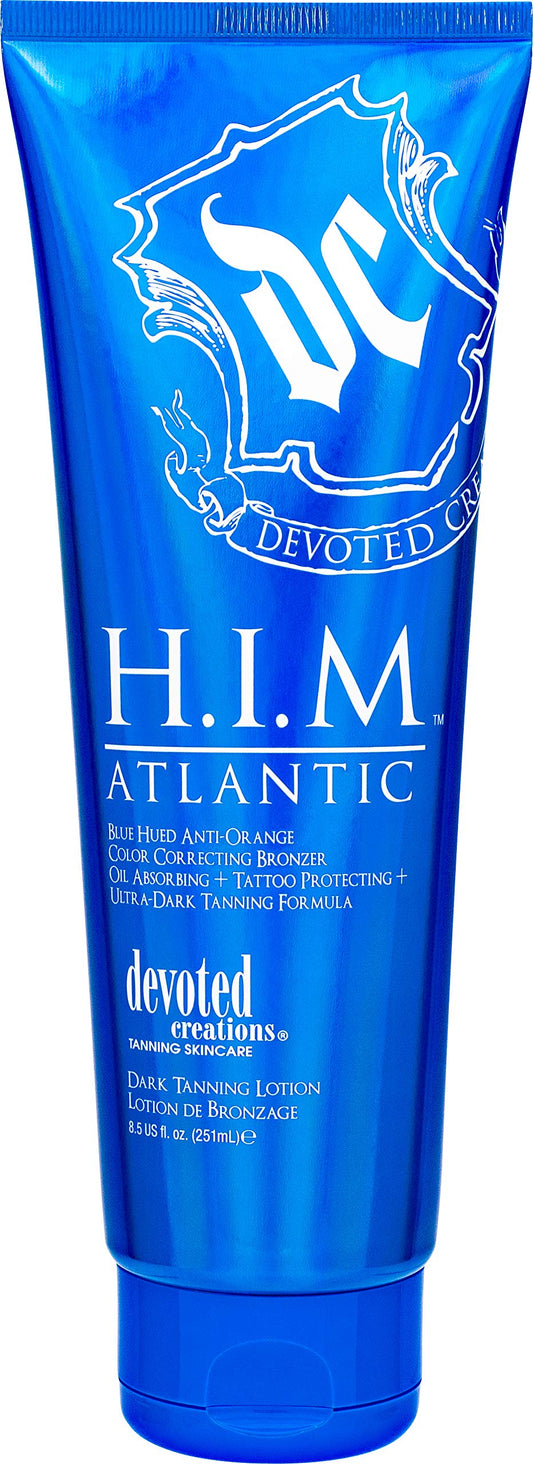 Devoted Creations H.I.M Atlantic Tanning Lotion - Blue Hued Anti-Orange Color Correcting Bronzer - Oil Absorbing + Tattoo Protecting + Ultra-Dark Tanning Formula 8.5 oz.