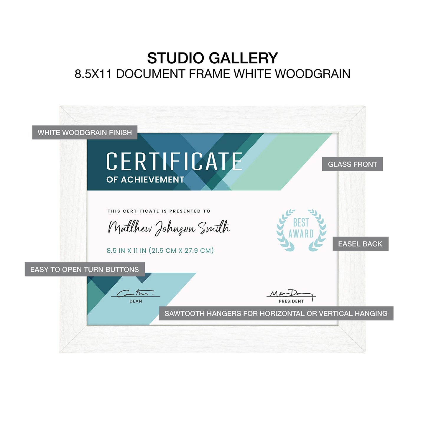 MCS Studio Gallery 8.5x11 Picture Frame White Woodgrain, Rectangle Photo Frame for Photos, Posters & Art Prints & Easel for Tapletop Display (1-Pack)