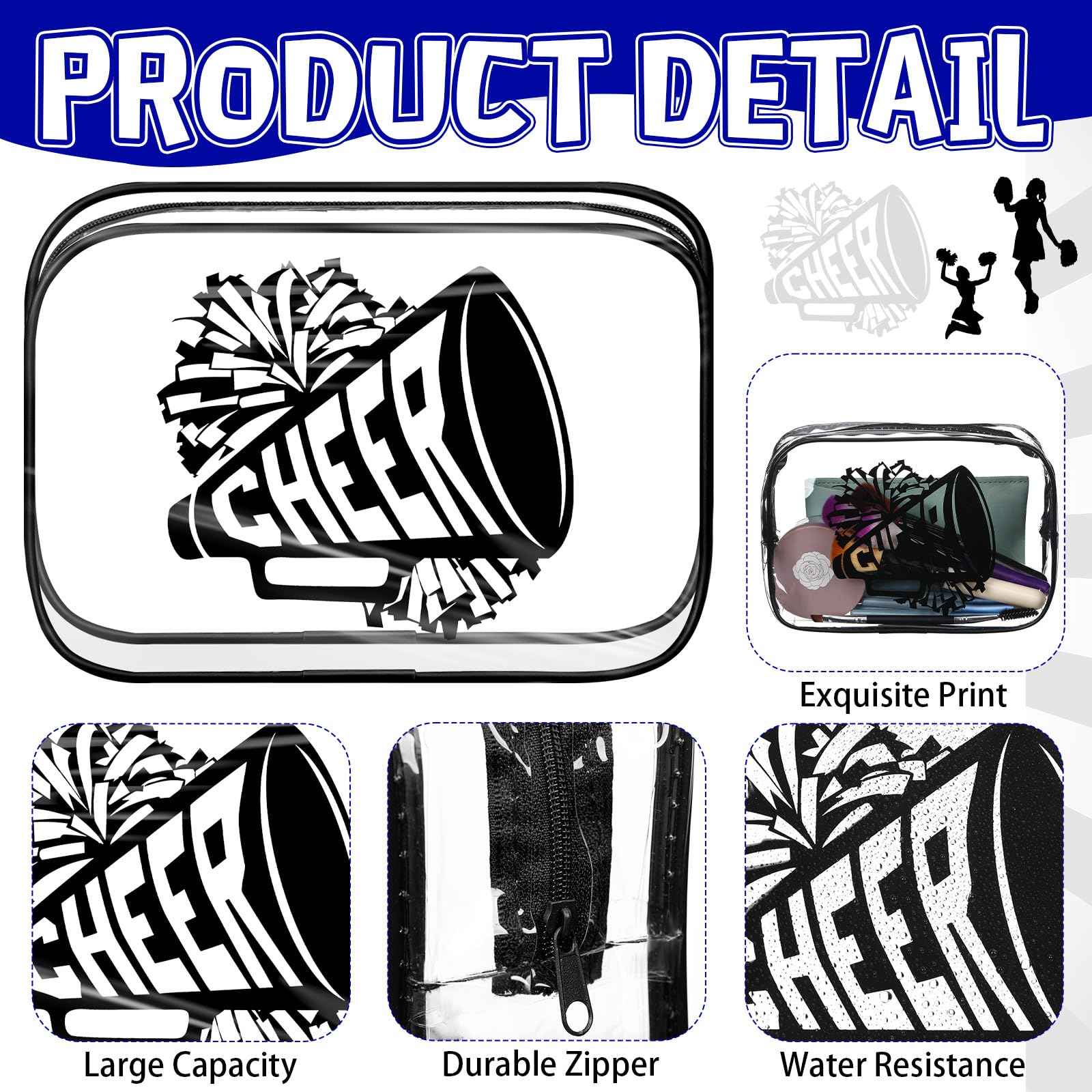 Kacctyen 24 Pcs Black Cheer Makeup Bag Cheer Gifts Bulk for Team 7 x 4.7 x 2.4'' Cosmetic Bag Cheerleader PVC Makeup Case Clear Toiletry Zipper Pouch for Cheerleading Teammates Party Supplies