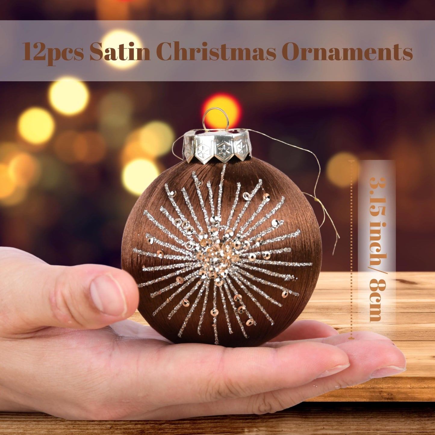 Christmas Ornaments Brown Tree Decorations - Pack of 12 Satin Xmas Balls Ornament - Silk Shatterproof Bulbs Luxury Baubles 80mm 3.15 inch