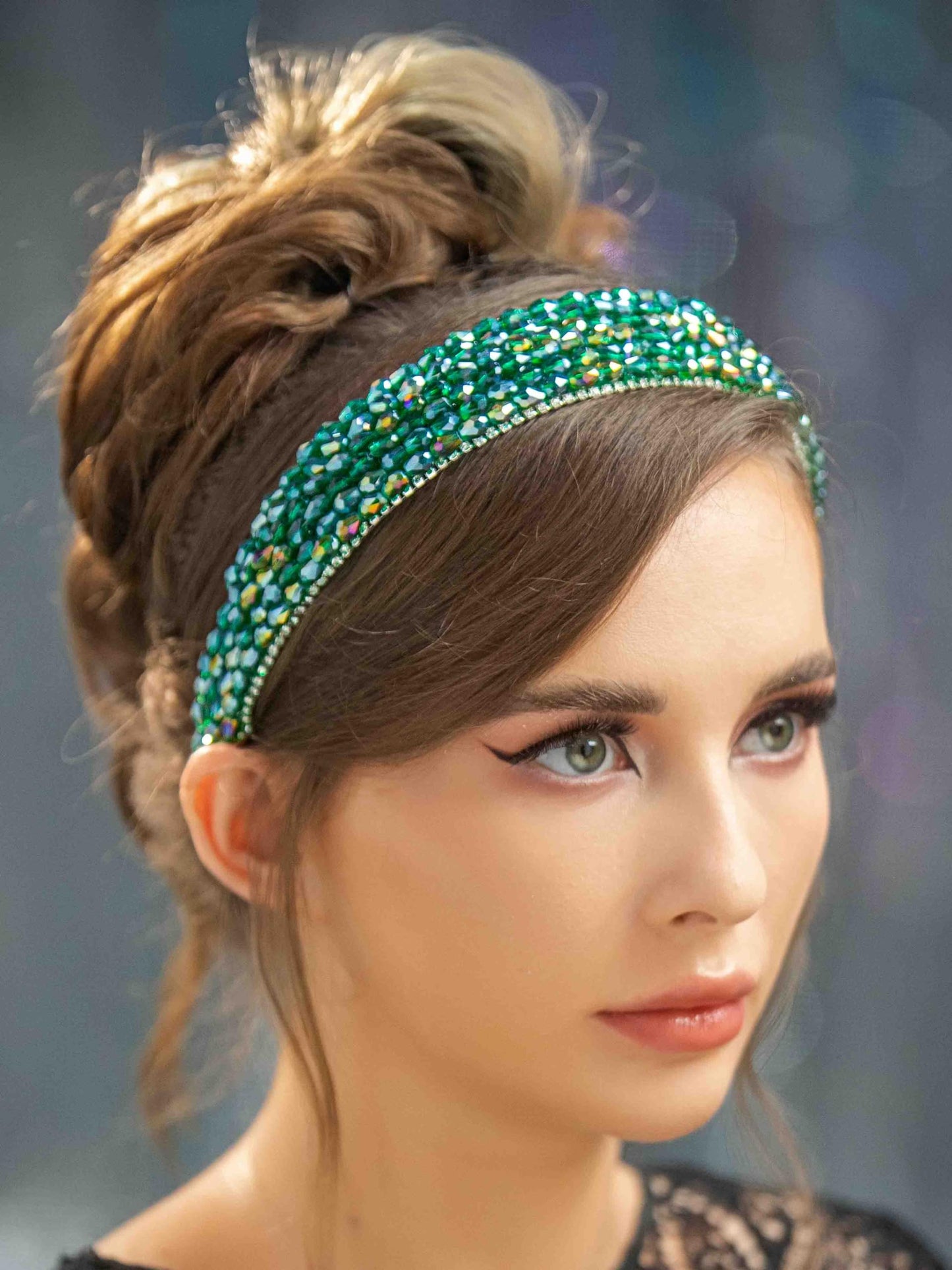 Hermoli Rhinestone Fashion Headband Beads Padded Wide Hairband Green Beaded Glitter Shine for Women Girls (Bead 2)