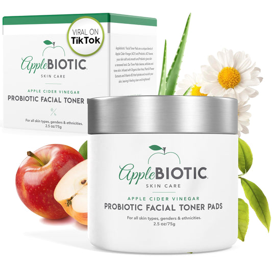 Applebiotic Toner Pads for Face - Exfoliating Face Wipes, for All Skin Types - Apple Cider Vinegar, Green Tea, 60 Pads