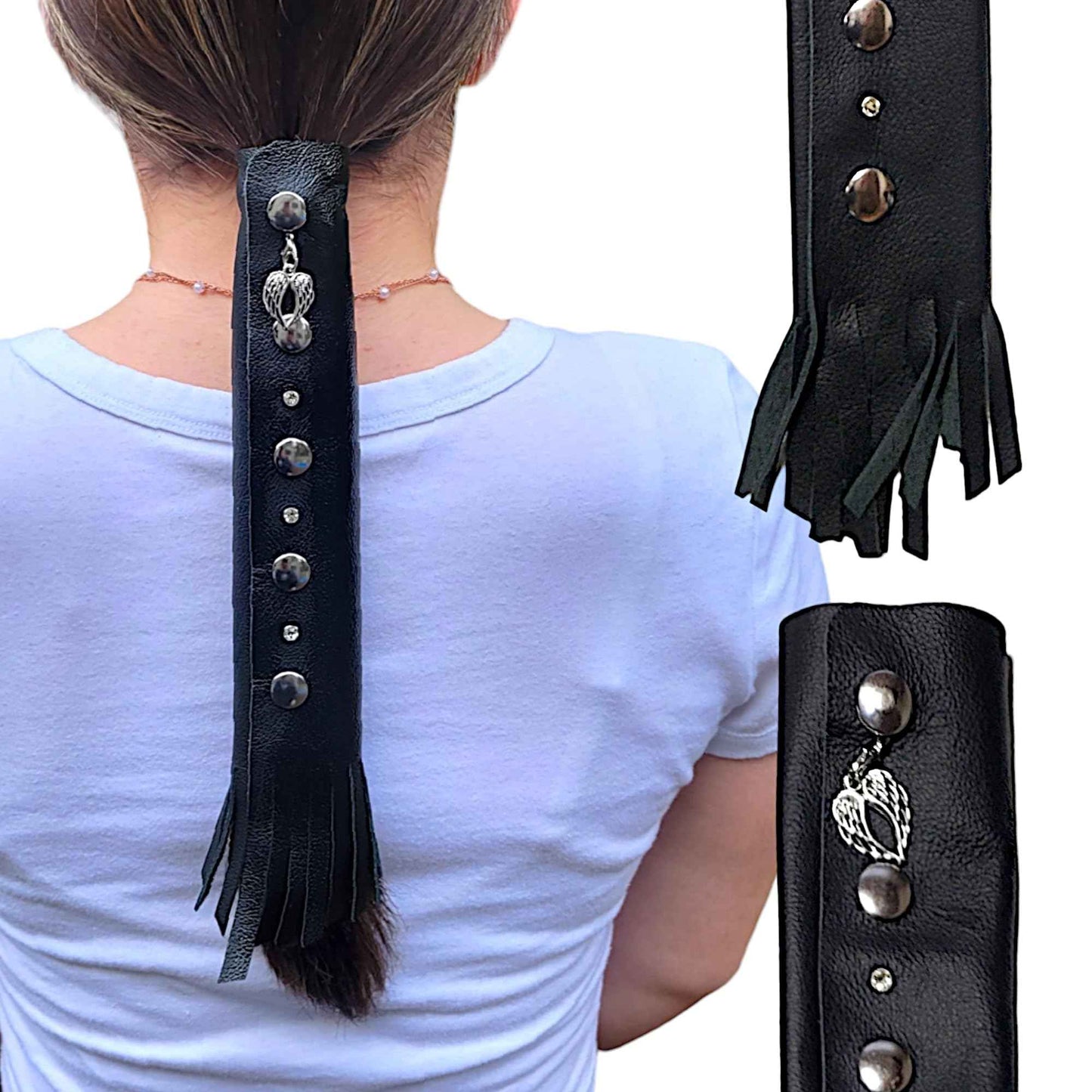 Black Leather Hair Wrap 8" Inch - Ponytail Wrap & Long Hair Protector for Biker Helmet | Motorcycle Accessories for Women with Fringe | Made in USA | Accessory