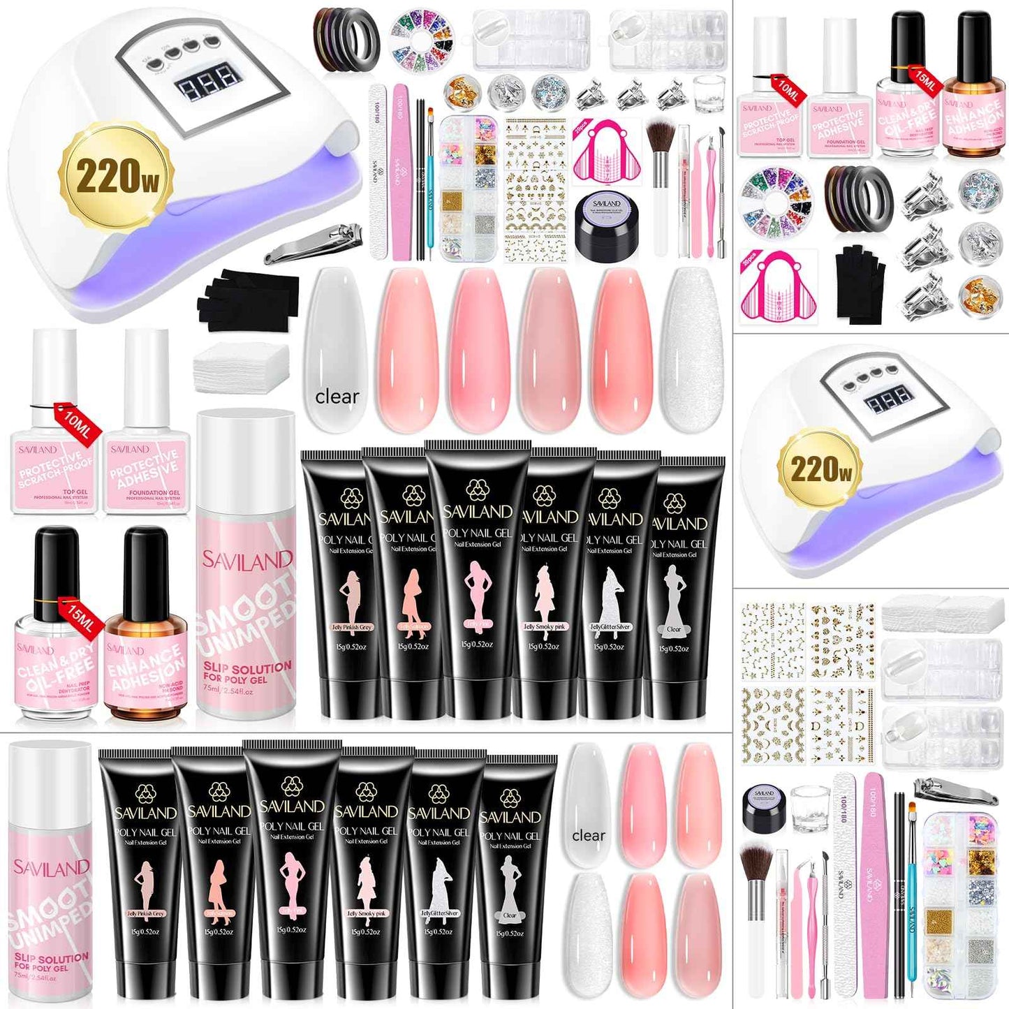 Saviland All-in-1 Poly Gel Nail Kit：6 PCS Nail Extension Kit with 220W U V Light Slip Solution Base & Top Gel Dual Forms U V Gloves for Home Salon