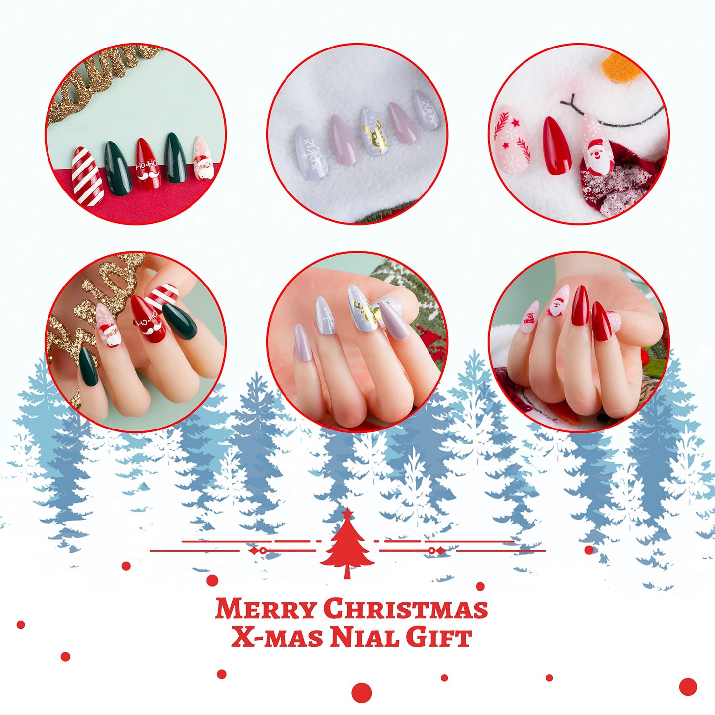 Christmas Press on False Nails Red New Year Full Cover Tips X-mas Tree Almond Fake Fingernail Salon Kit Nail File