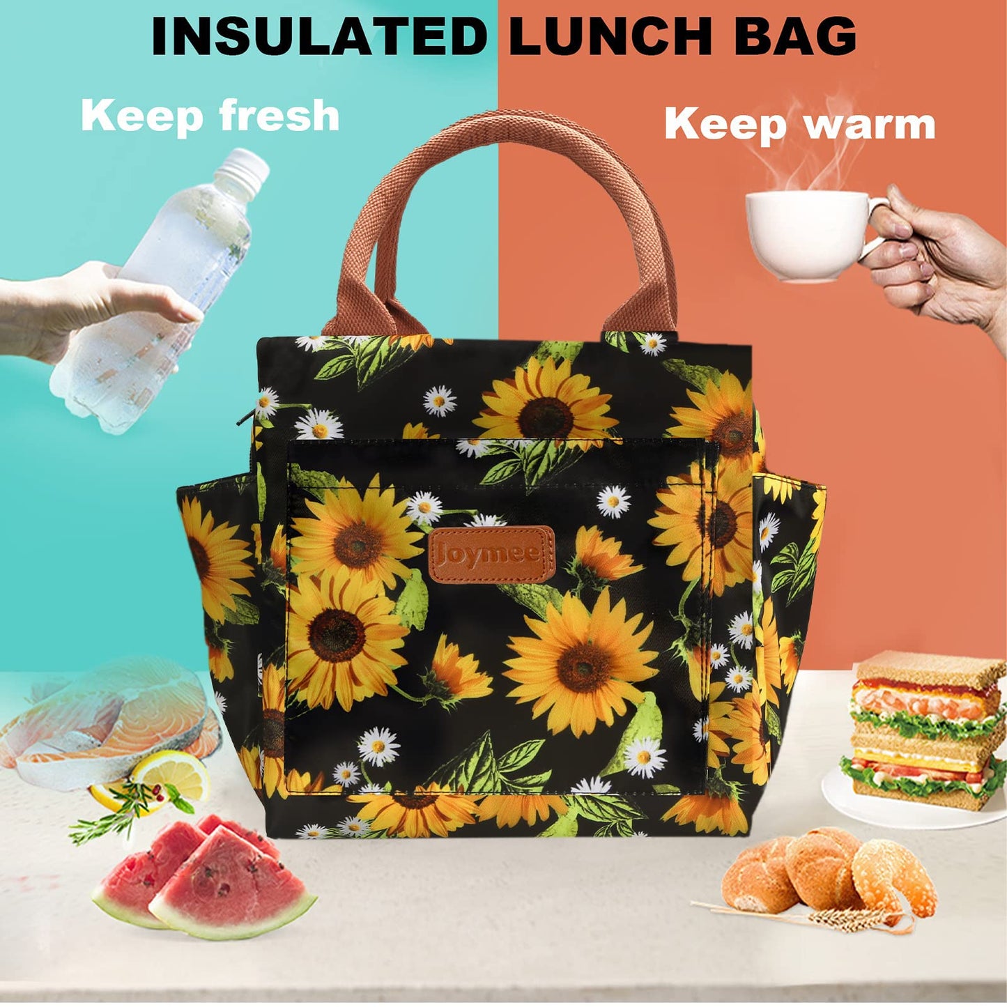 Joymee Lunch Bag Women Insulated Lunch Box Reusable Leakproof Large Spacious Cooler Tote for Womens Mens Adults with Bottle Holder and Side Pockets for Work Office Travel Picnic - Sunflower