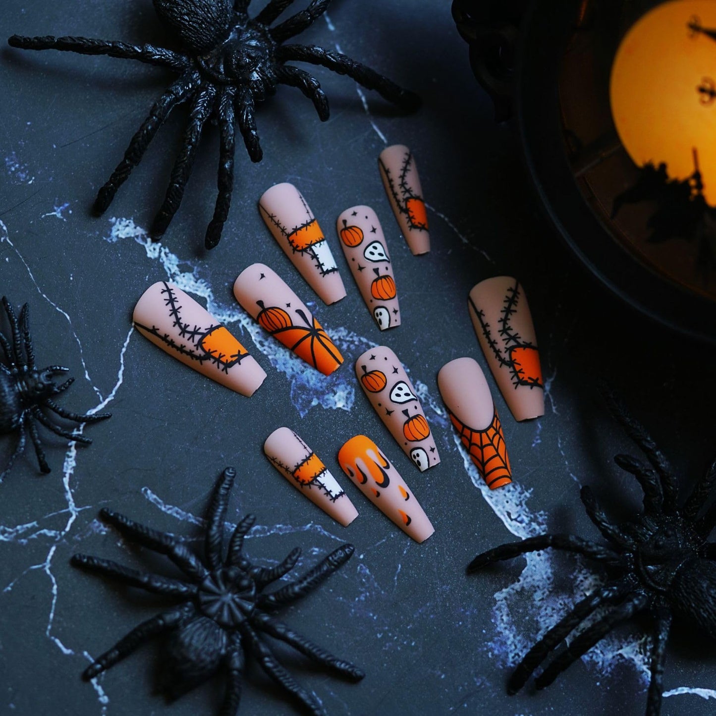 Halloween Press on Nails Long Coffin Fake Nails Orange Yellow False Nails with Designs Pumpkin Ghost Spider Web Glue on Nails Full Cover Coffin Acrylic Nails Stick on Nails for Women 24 PCS