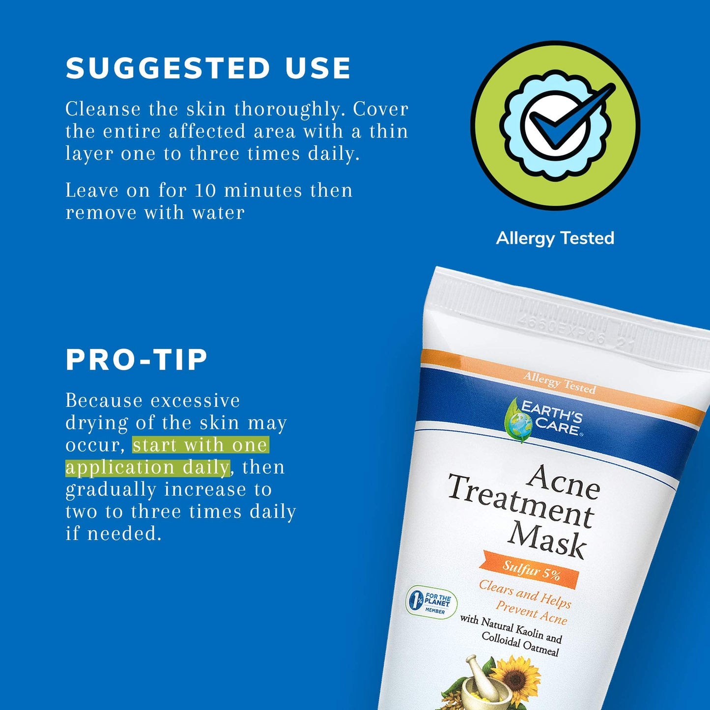 Earth's Care Acne Treatment Mask - 5% Sulfur Cystic Acne Treatment - Acne Medicine for Face Pimples and Blackheads (Tube 2.5 OZ)