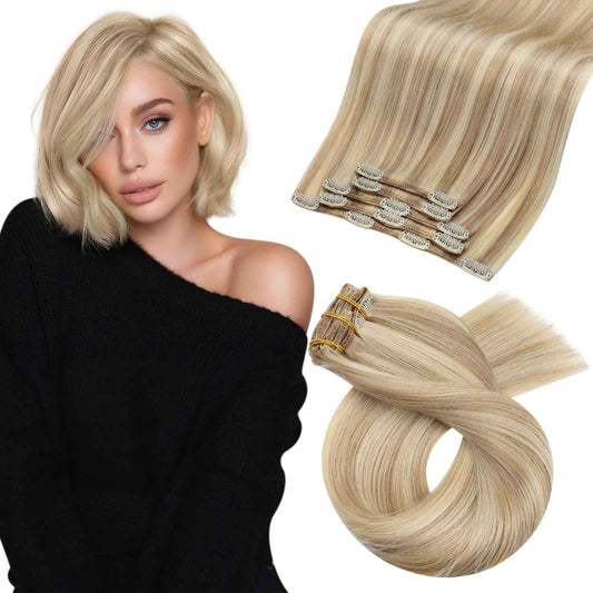 Moresoo Clip in Hair Extensions Blonde Short Human Hair Clip in Extensions Highlights Dark Ash Blonde With Medium Blonde Double Weft for Women Straight 80g/5pcs 10 inch