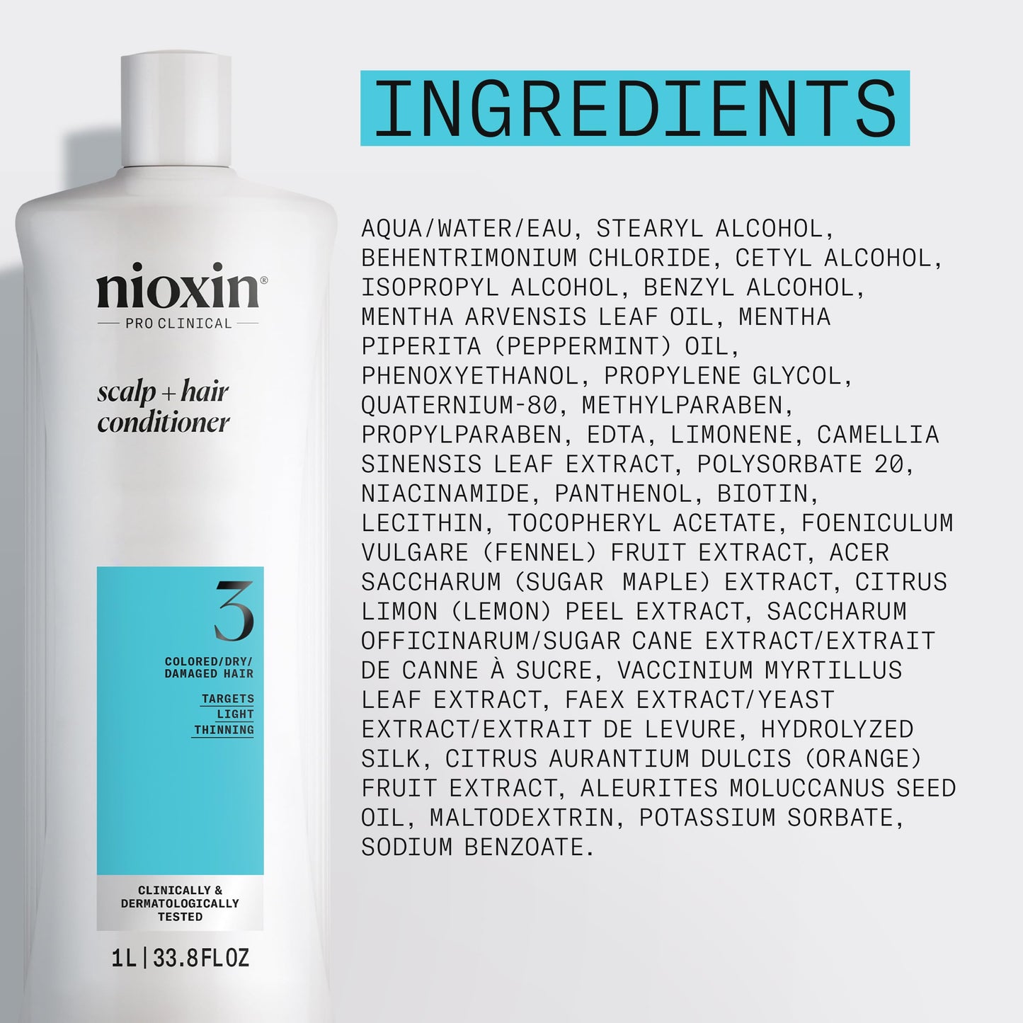 Nioxin System 3 Scalp + Hair Conditioner - Hair Thickening Conditioner for Damaged Hair with Light Thinning, 33.8oz